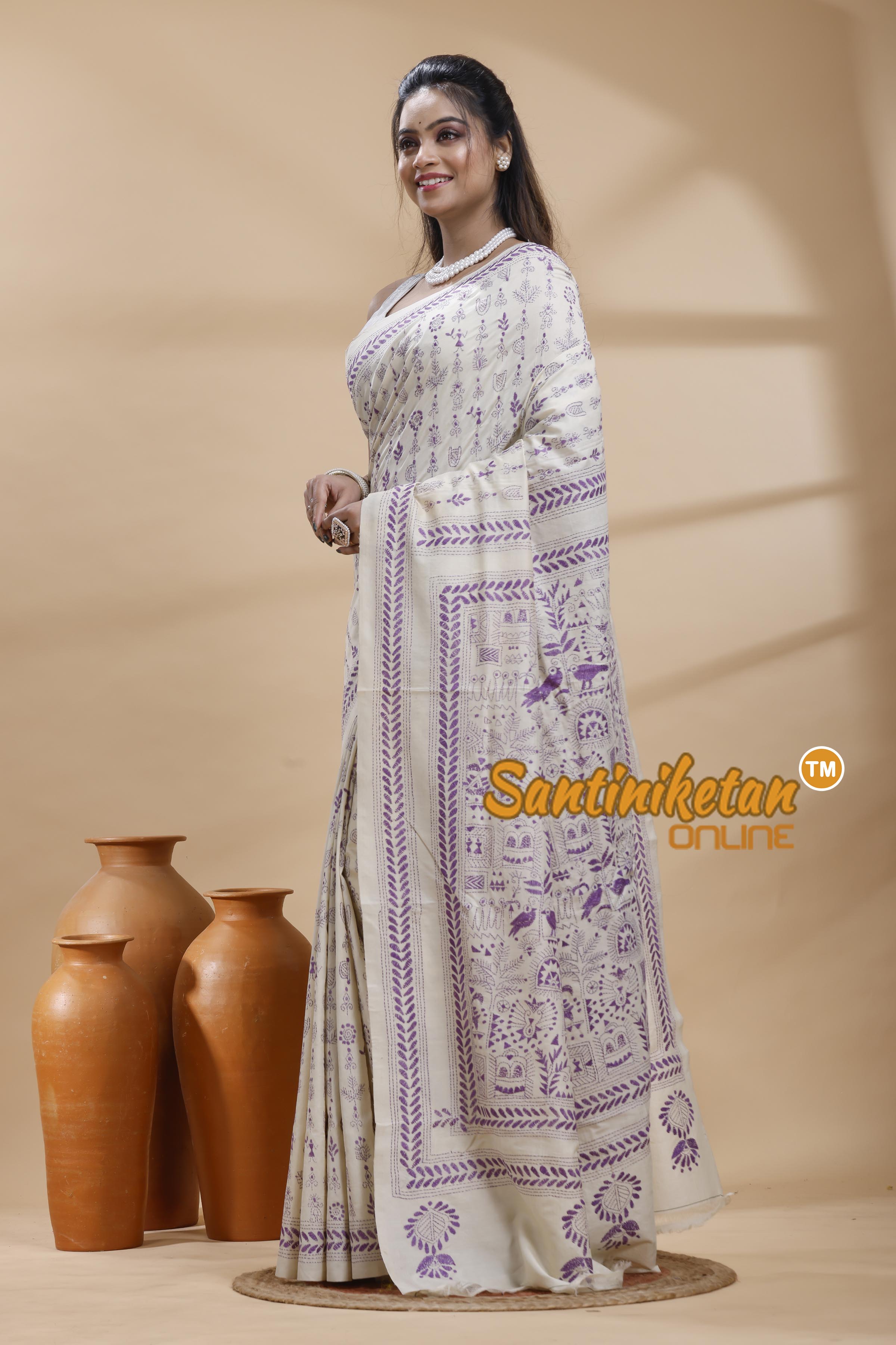 Tussar Silk Kantha Stitch Saree