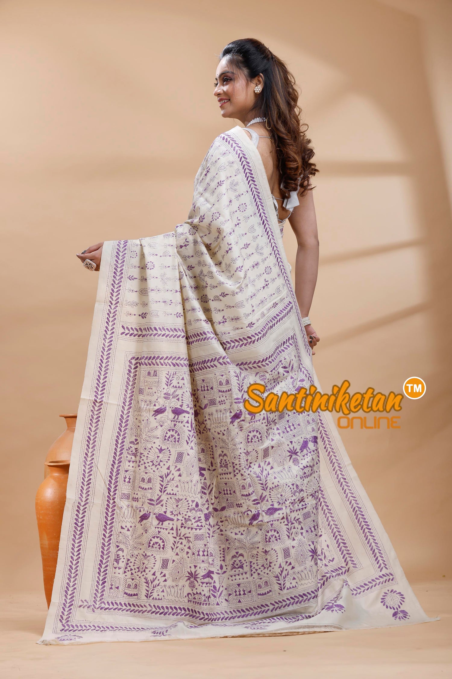 Tussar Silk Kantha Stitch Saree