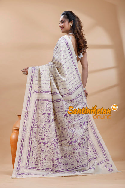 Tussar Silk Kantha Stitch Saree