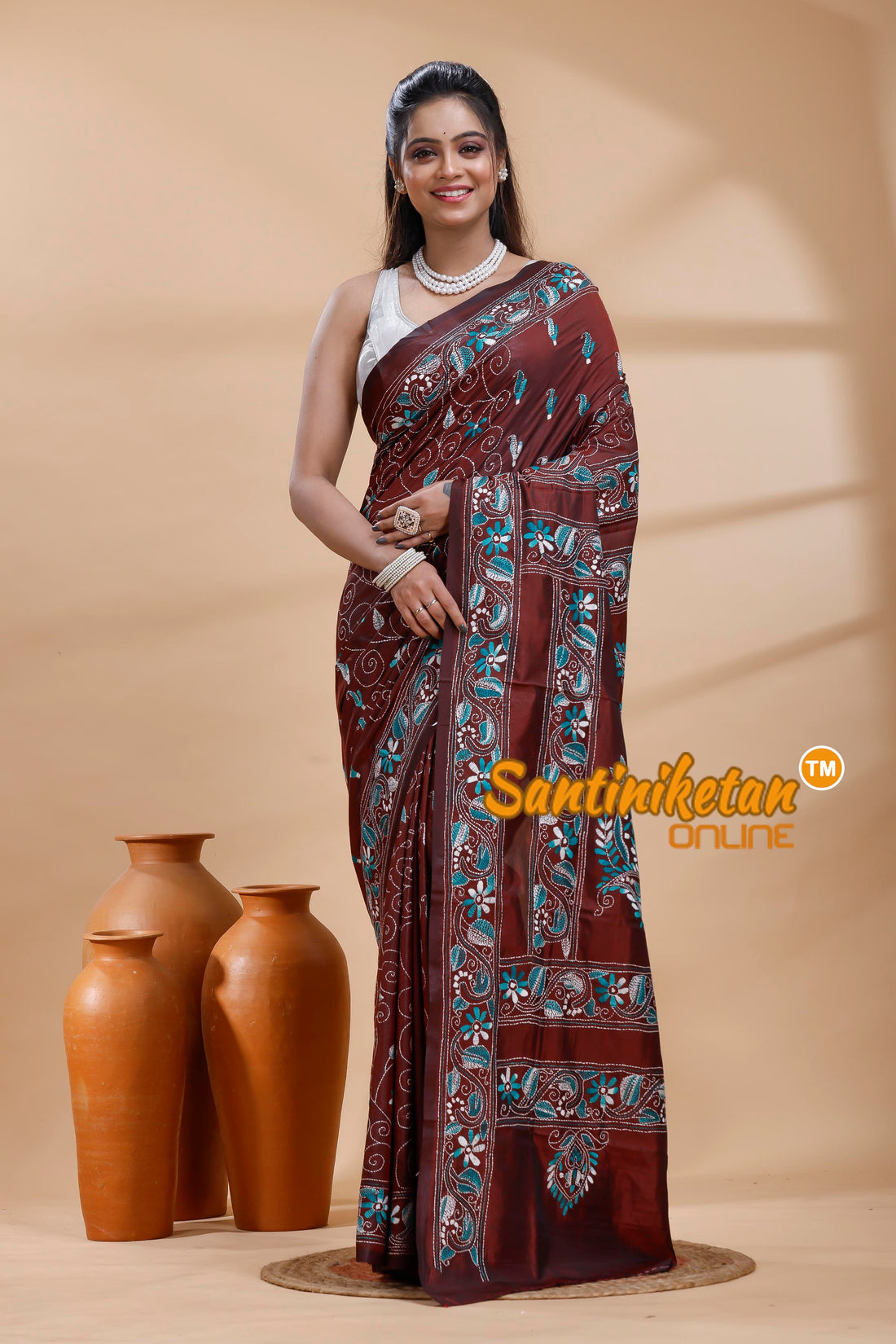 Bangalore Silk Kantha Stitch Saree