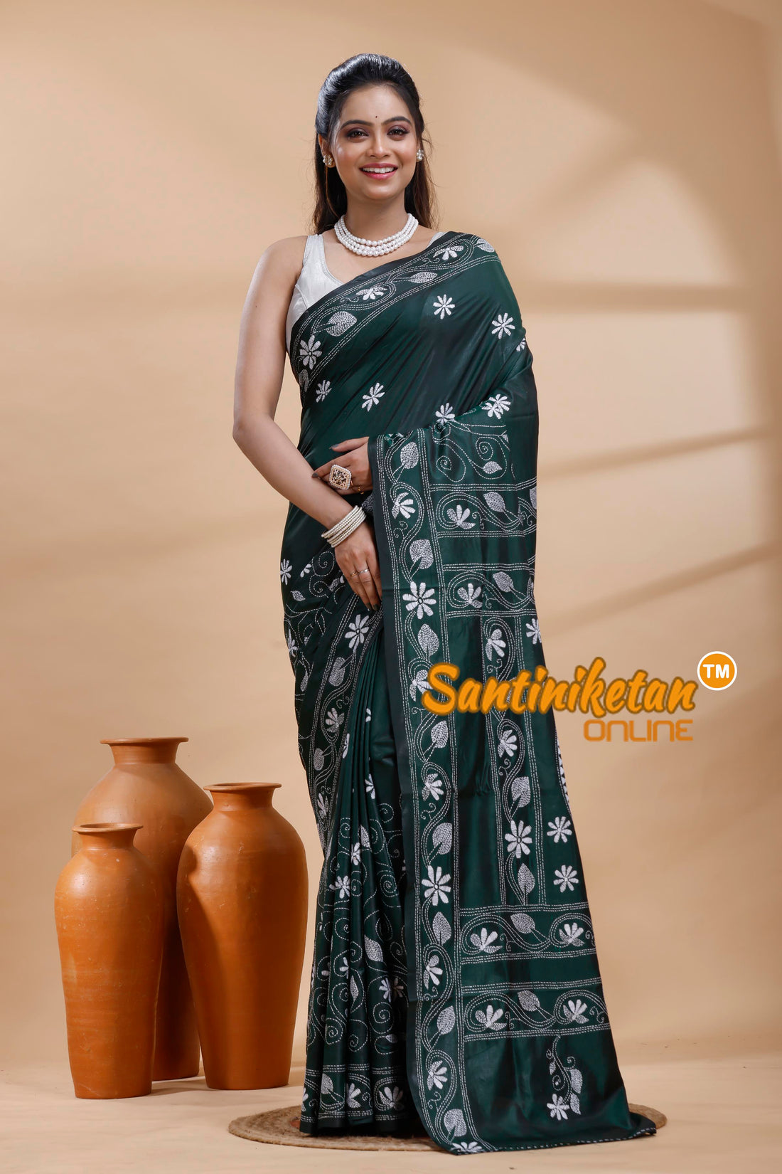 Bangalore Silk Kantha Stitch Saree