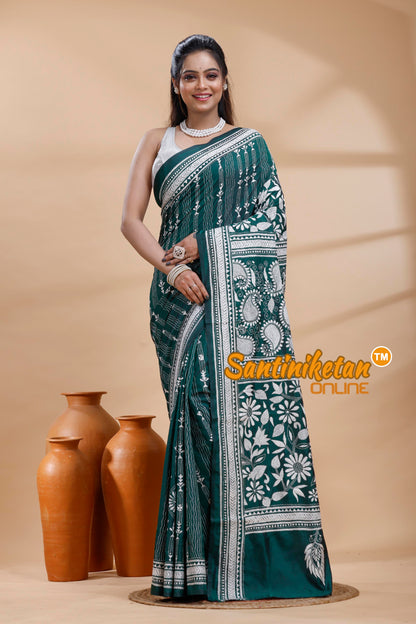 Bangalore Silk Kantha Stitch Saree