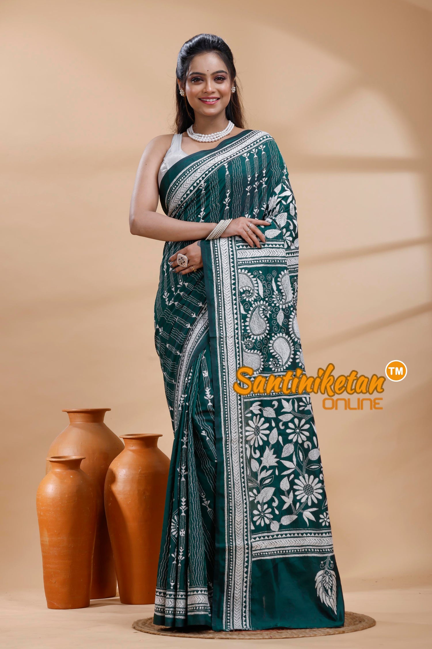 Bangalore Silk Kantha Stitch Saree