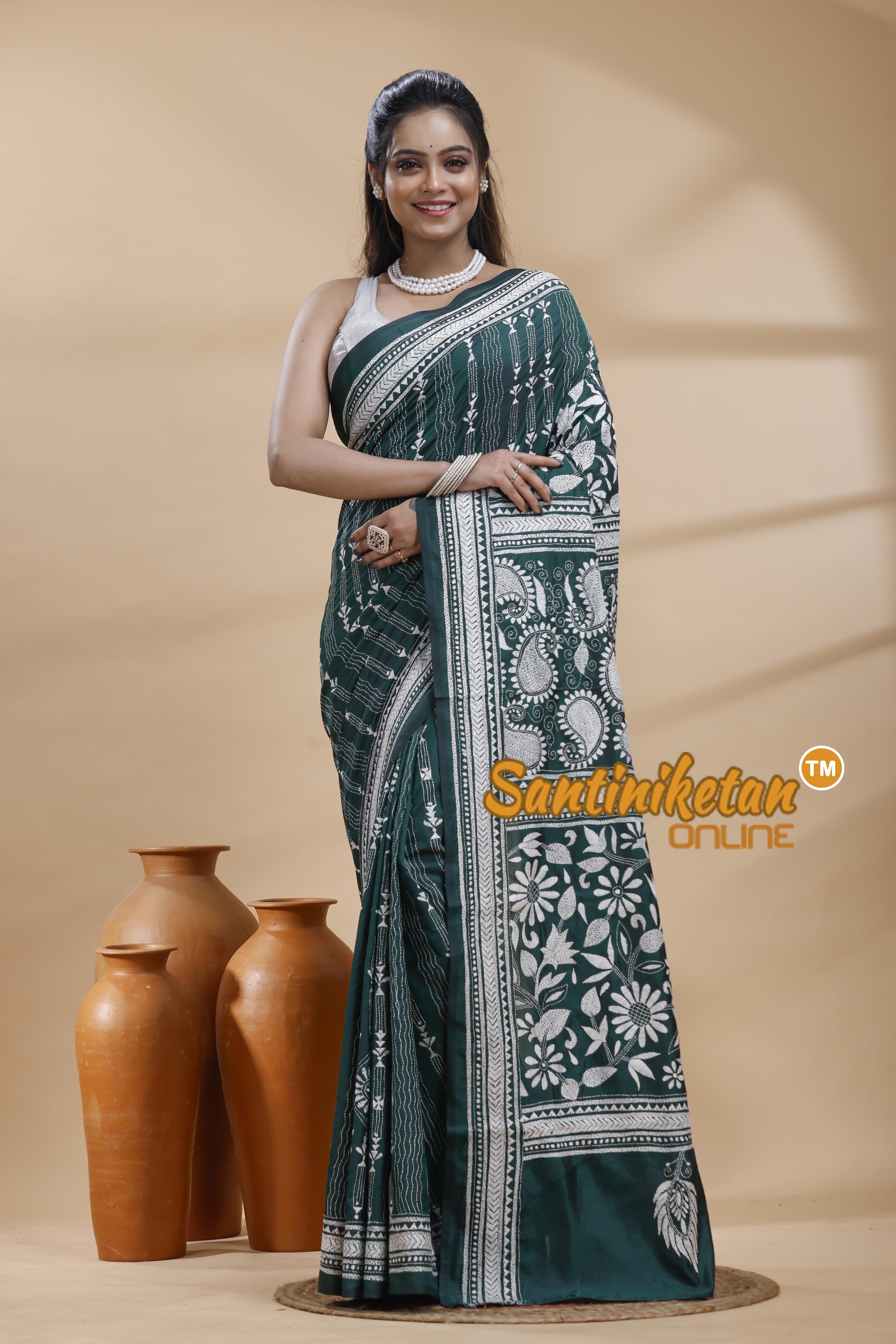 Bangalore Silk Kantha Stitch Saree