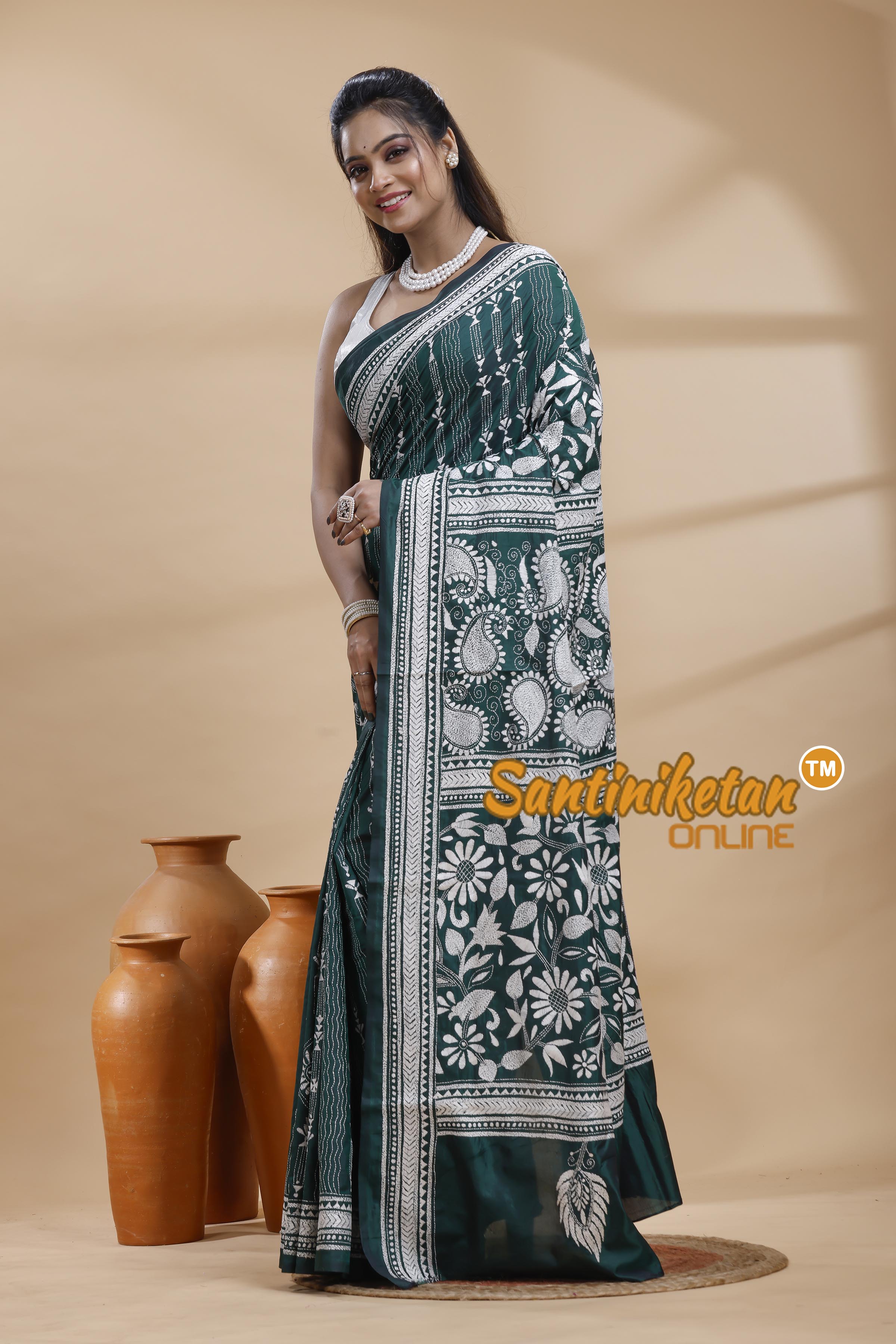 Bangalore Silk Kantha Stitch Saree