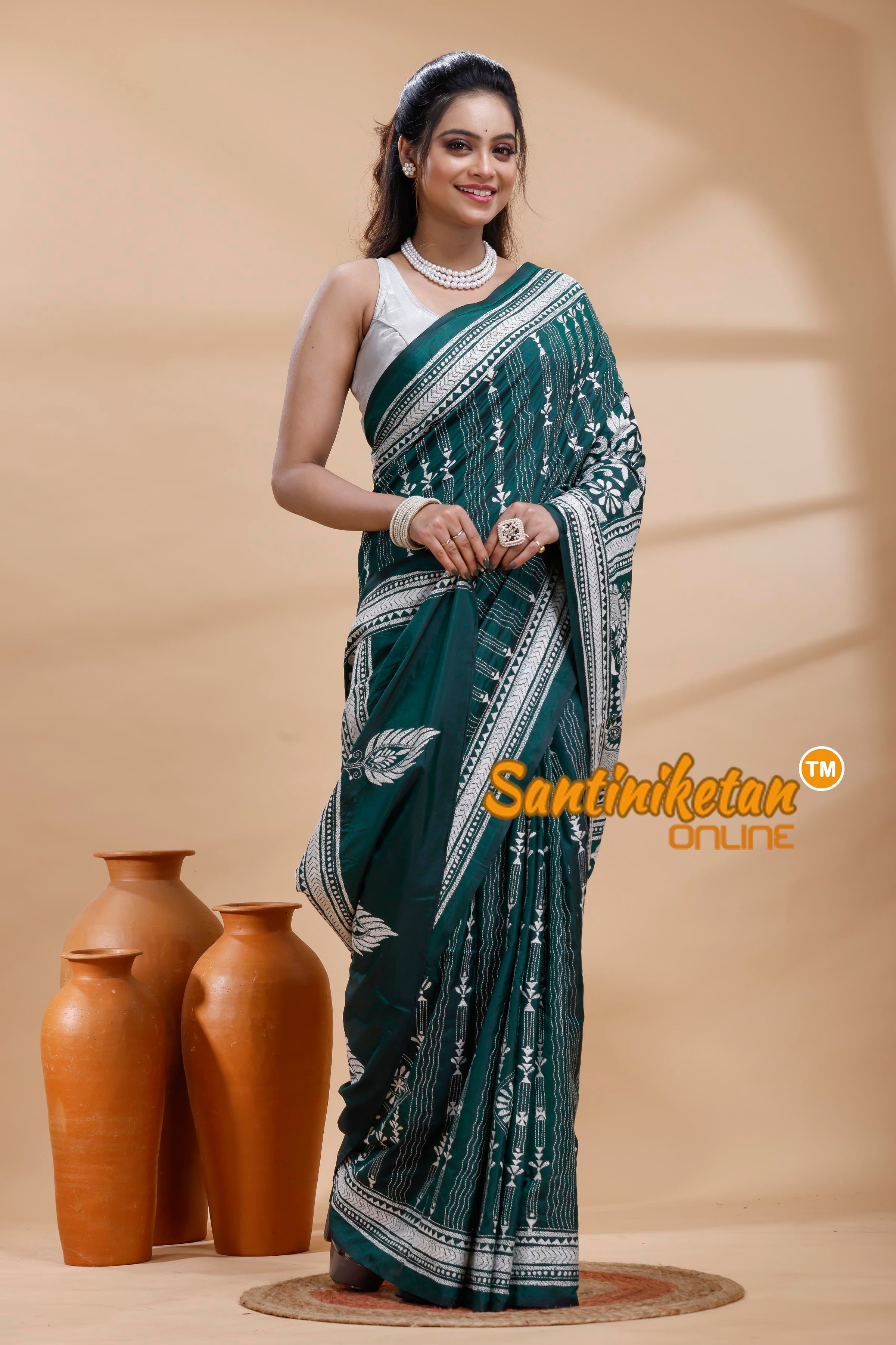 Bangalore Silk Kantha Stitch Saree