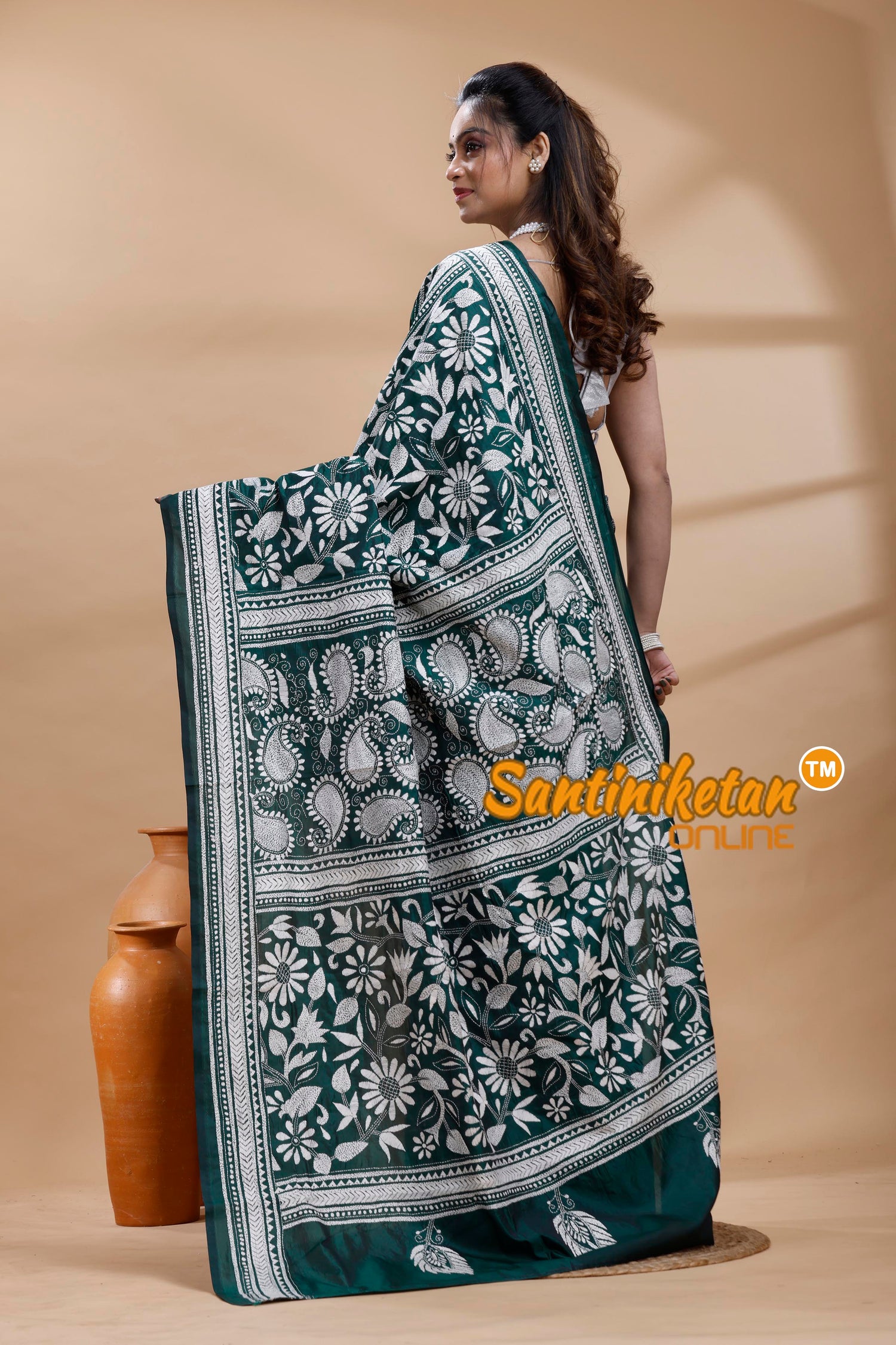 Bangalore Silk Kantha Stitch Saree