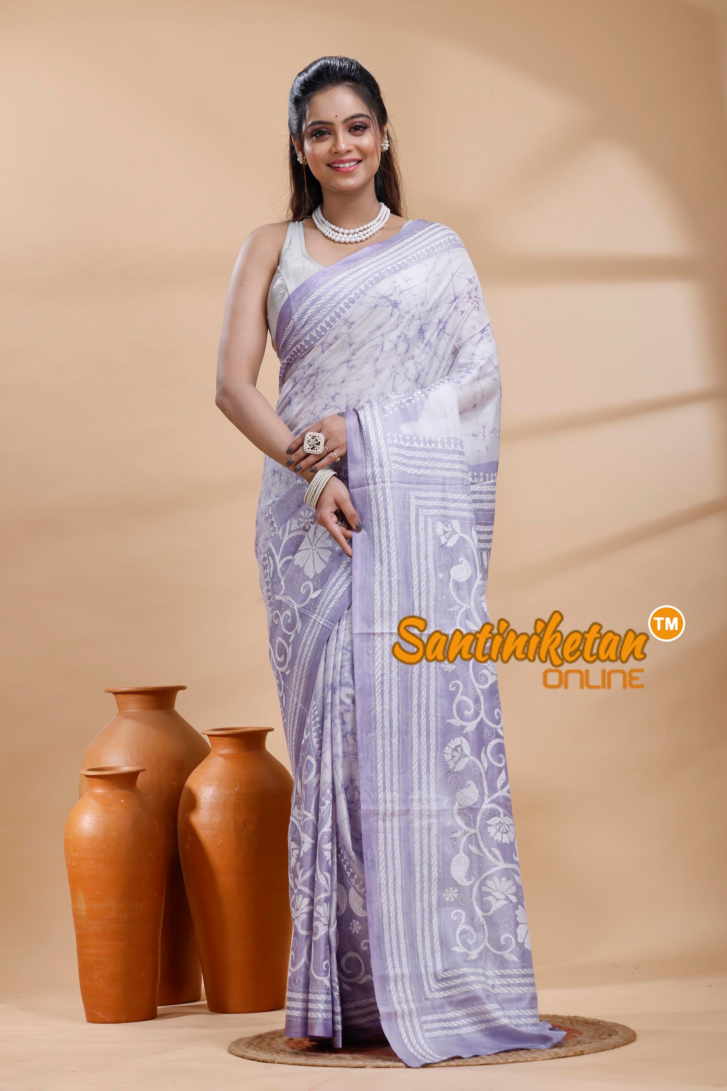 Bangalore Silk Batik Kantha Stitch Saree