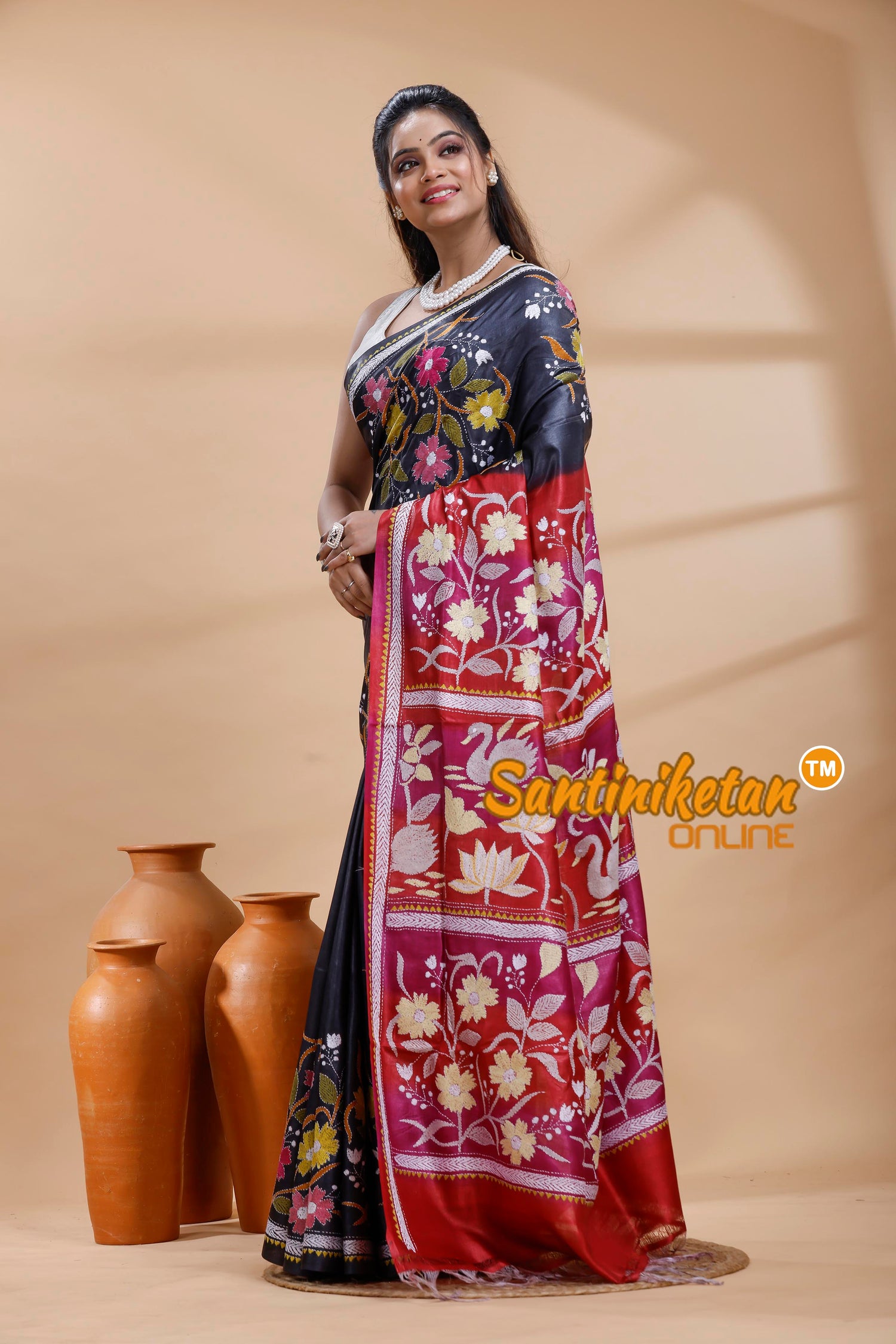 Dye Pure Gachi Tussar Silk Kantha Stitch Saree