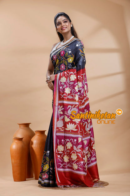 Dye Pure Gachi Tussar Silk Kantha Stitch Saree