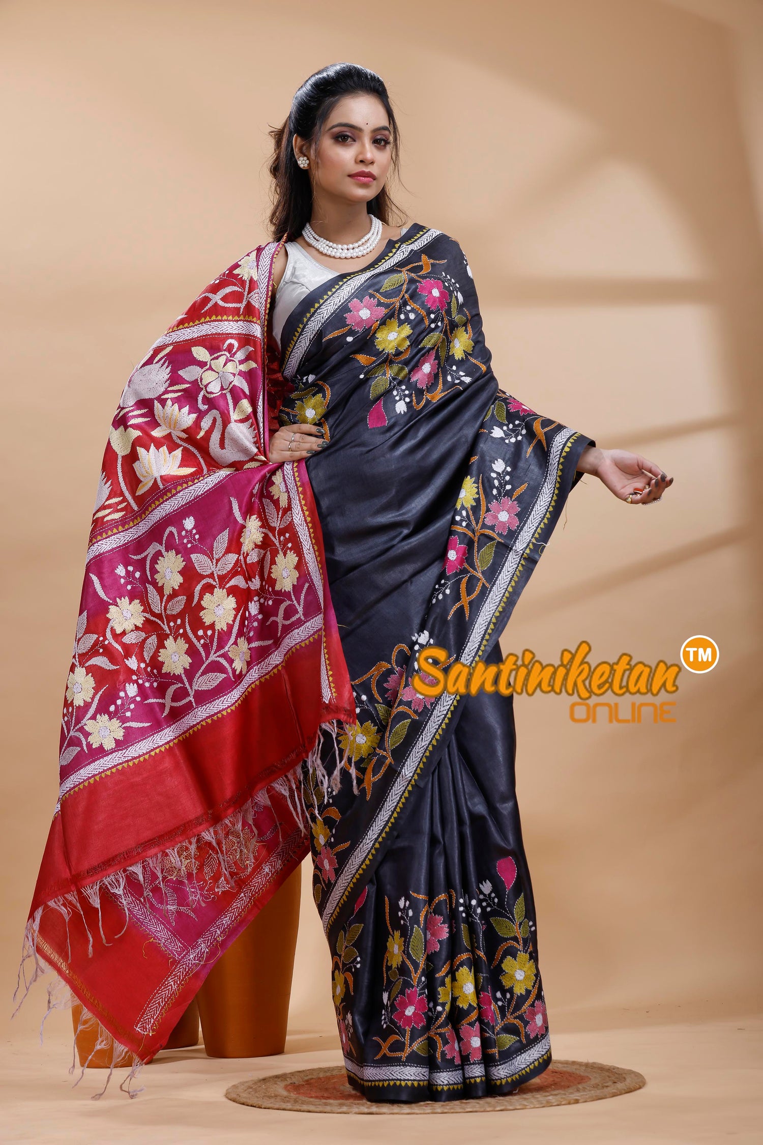 Dye Pure Gachi Tussar Silk Kantha Stitch Saree