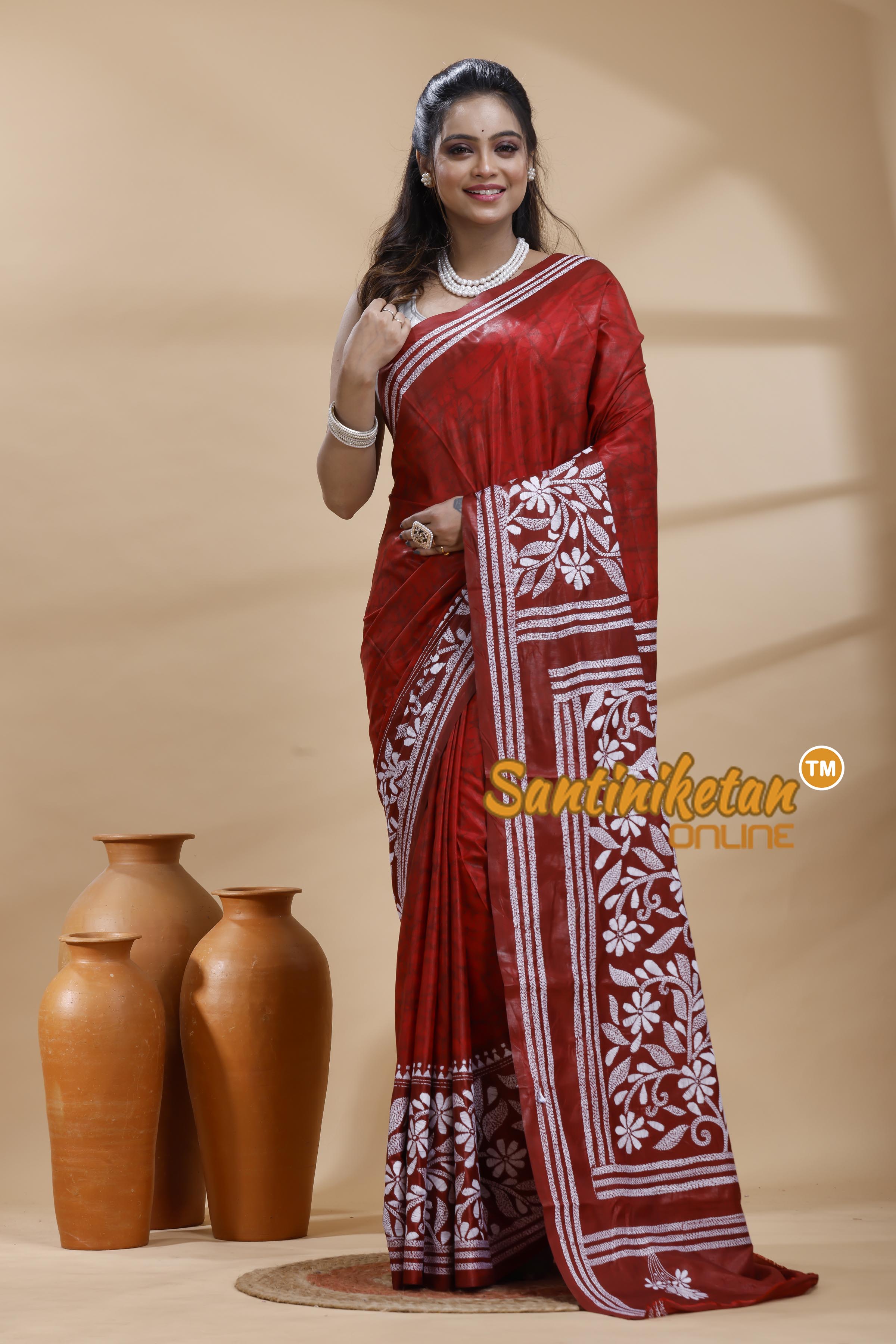 Bangalore Silk Batik Kantha Stitch Saree
