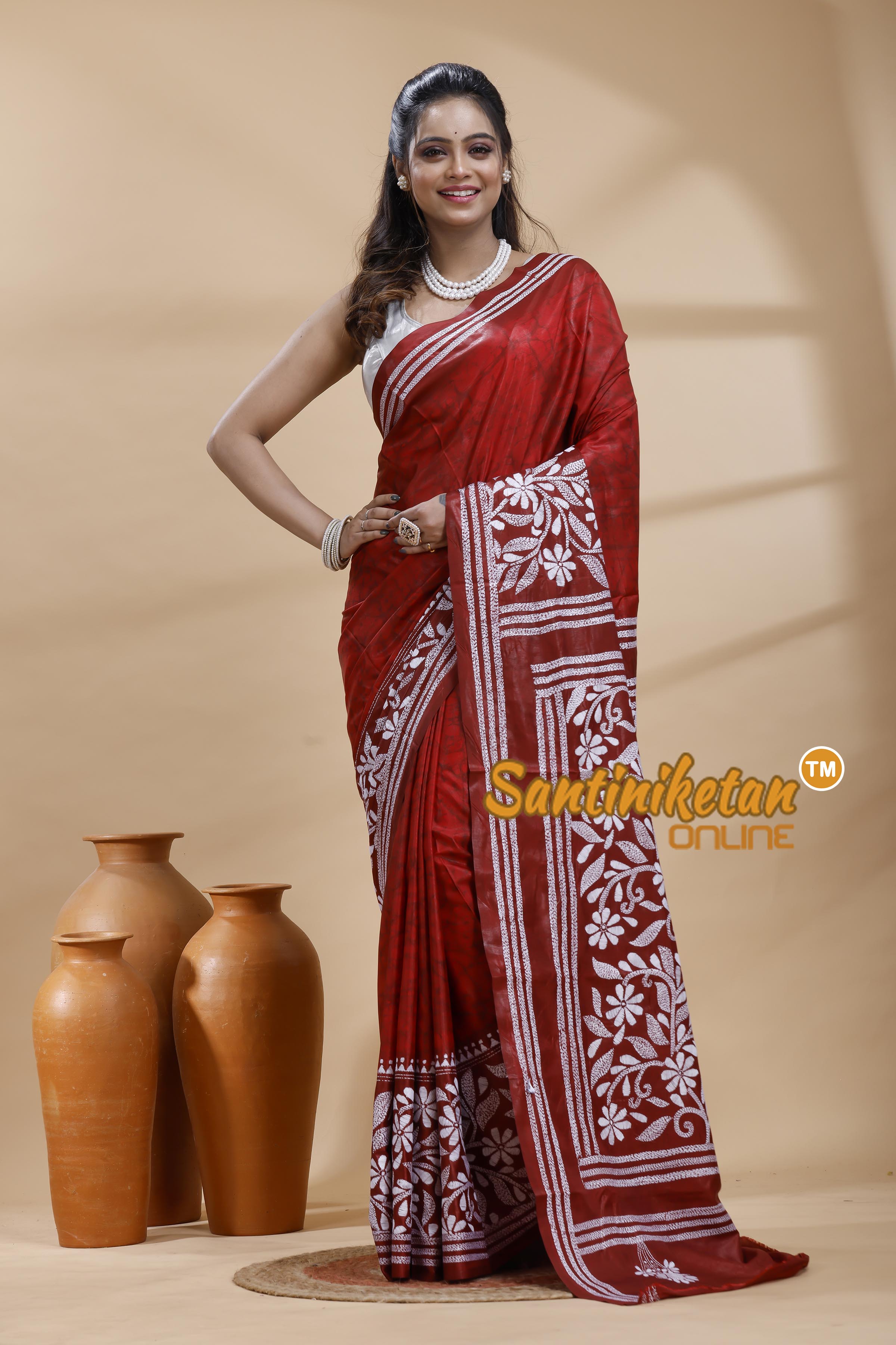 Bangalore Silk Batik Kantha Stitch Saree