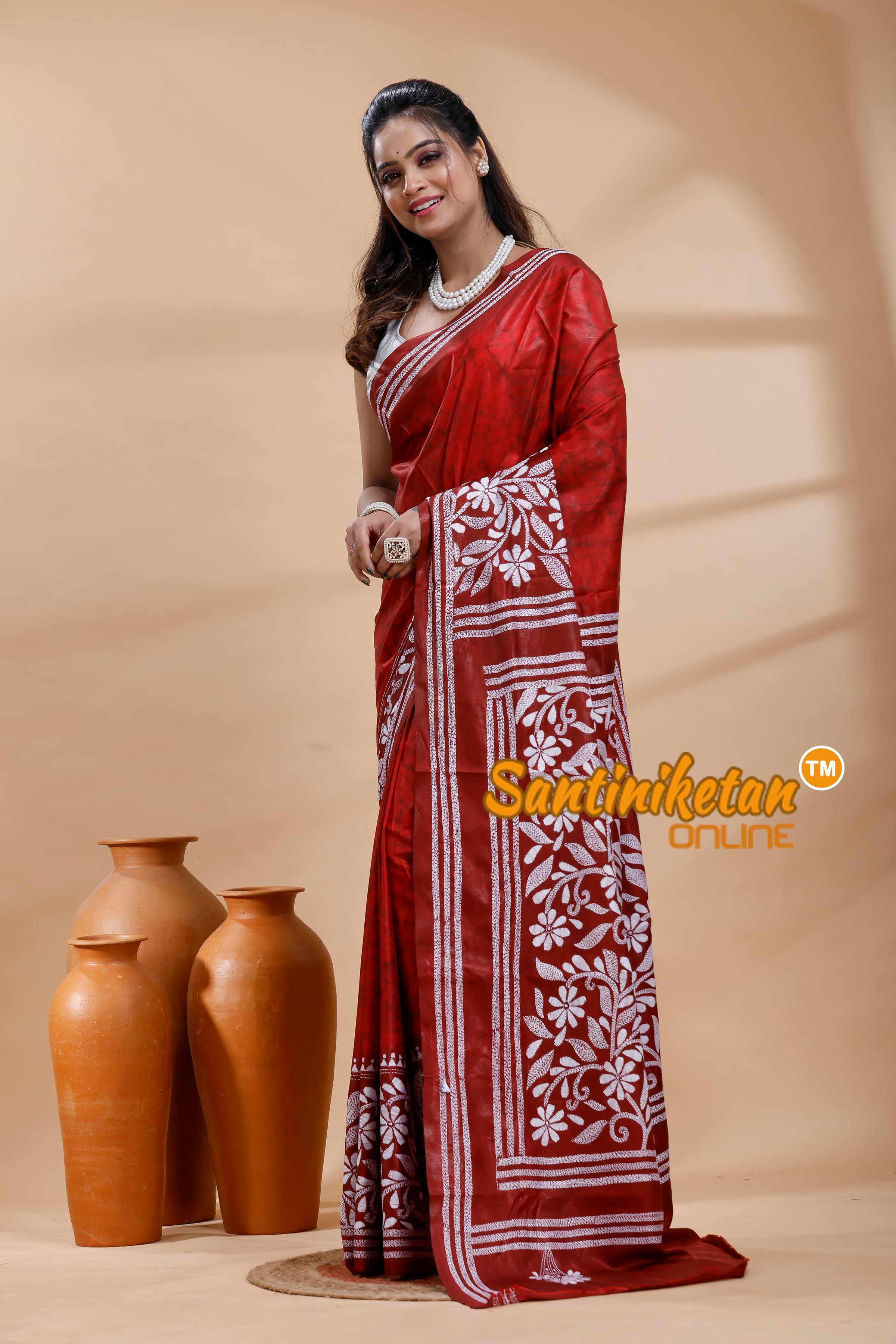 Bangalore Silk Batik Kantha Stitch Saree