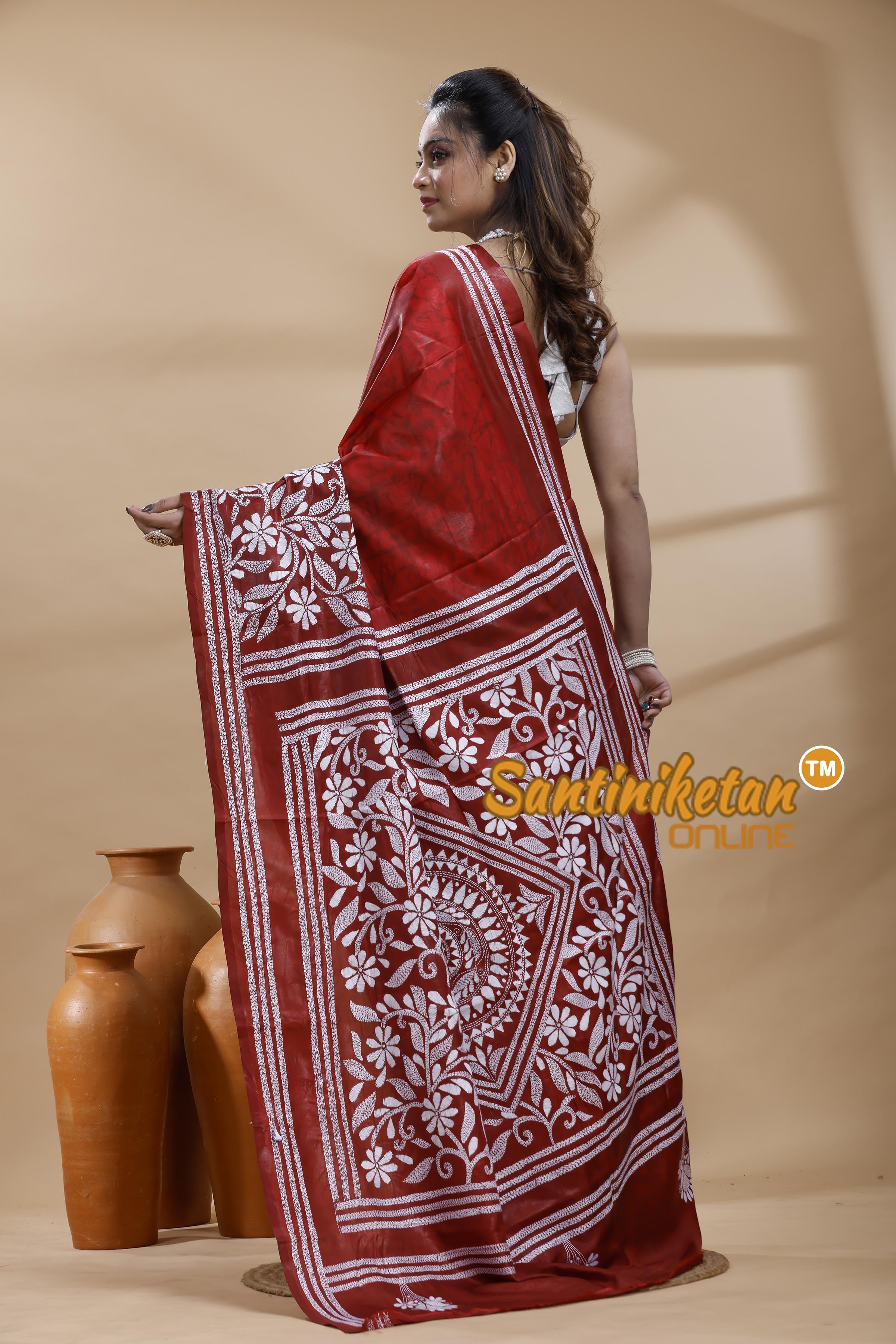 Bangalore Silk Batik Kantha Stitch Saree
