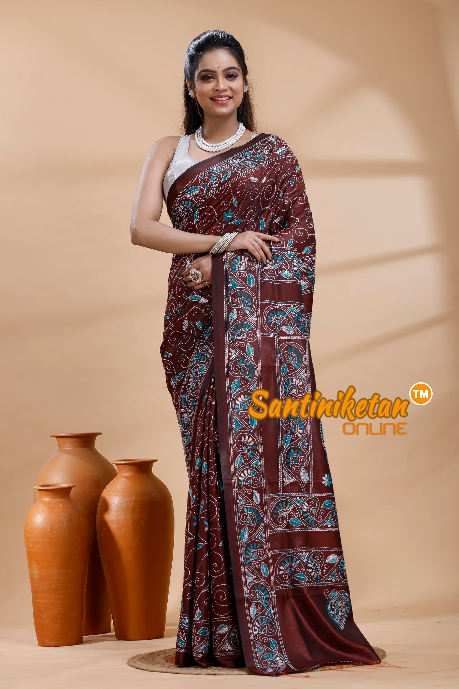 Bangalore Silk Kantha Stitch Saree
