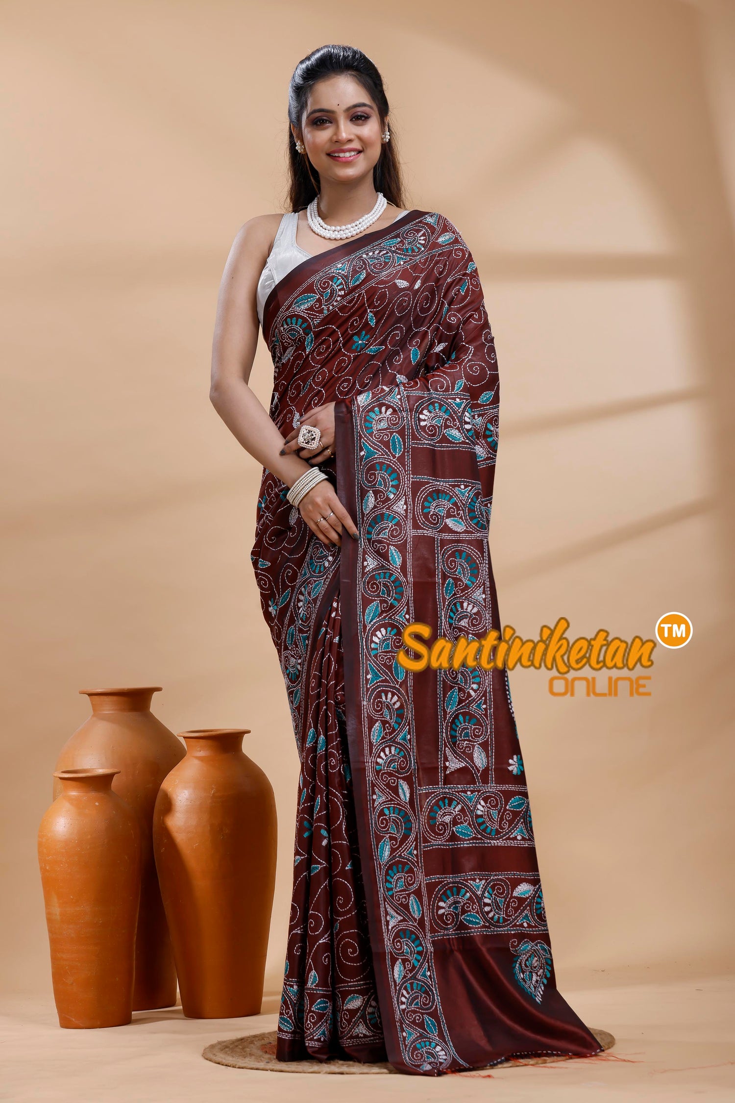 Bangalore Silk Kantha Stitch Saree