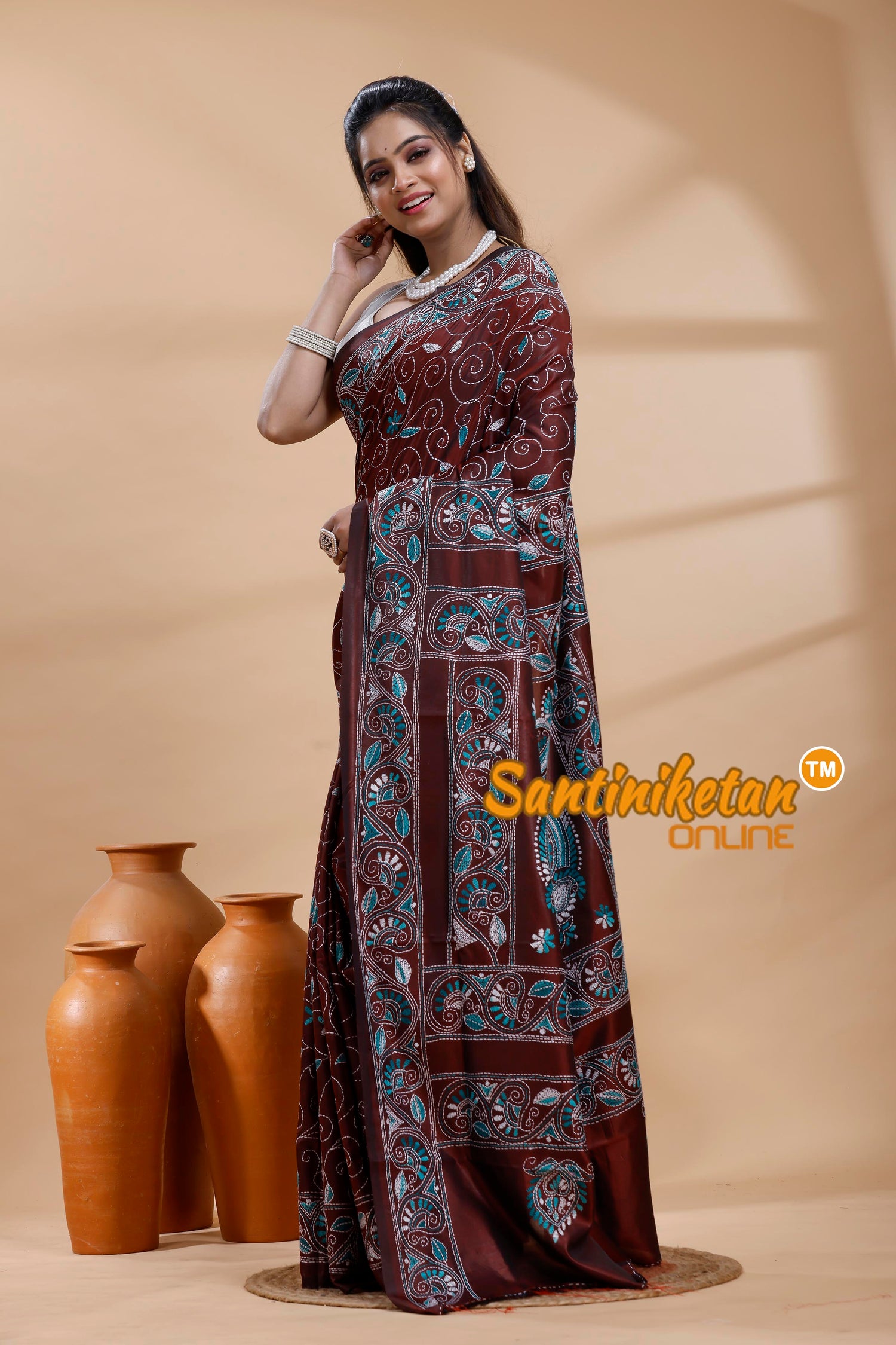 Bangalore Silk Kantha Stitch Saree