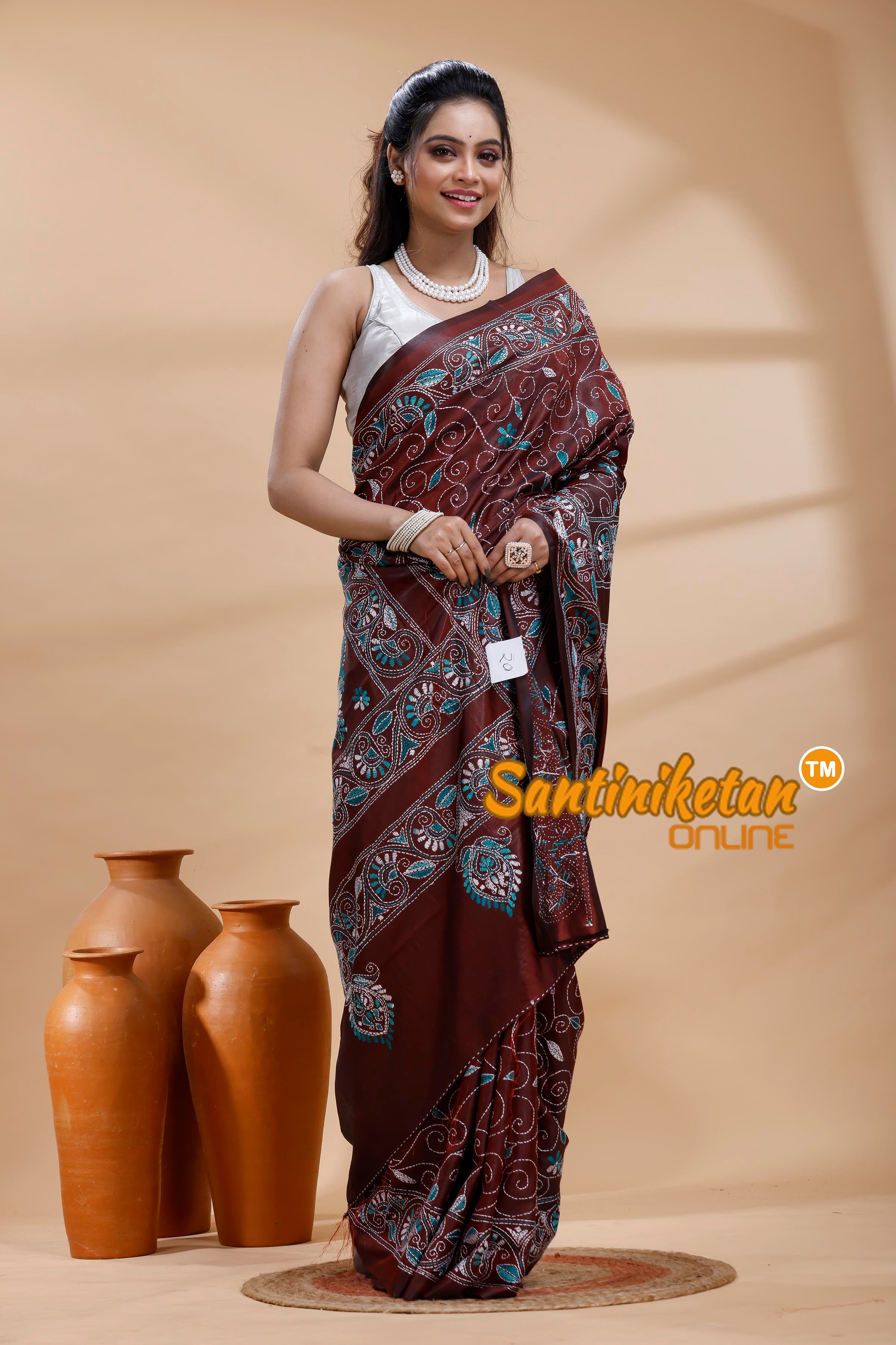 Bangalore Silk Kantha Stitch Saree