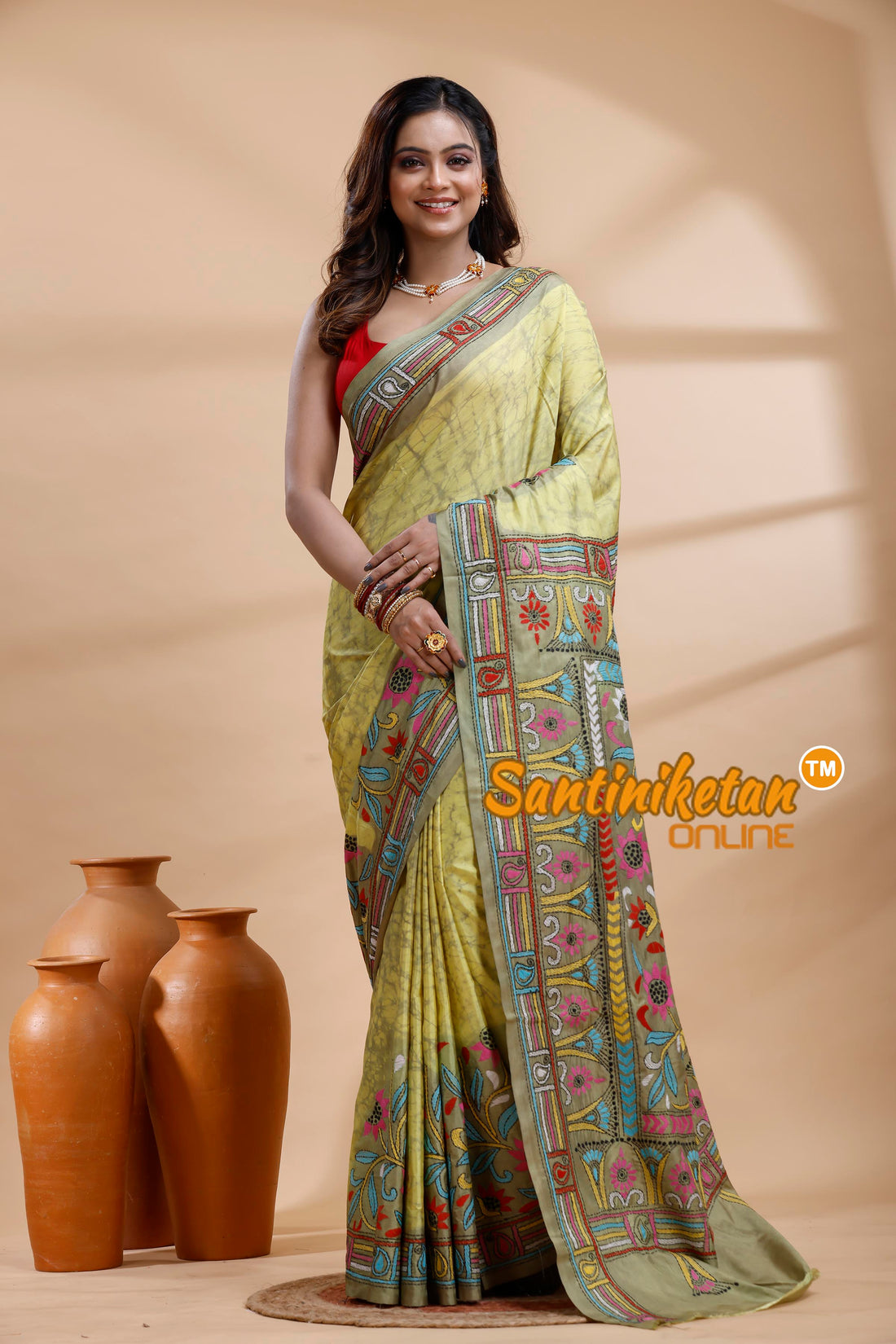 Bangalore Silk Batik Kantha Stitch Saree
