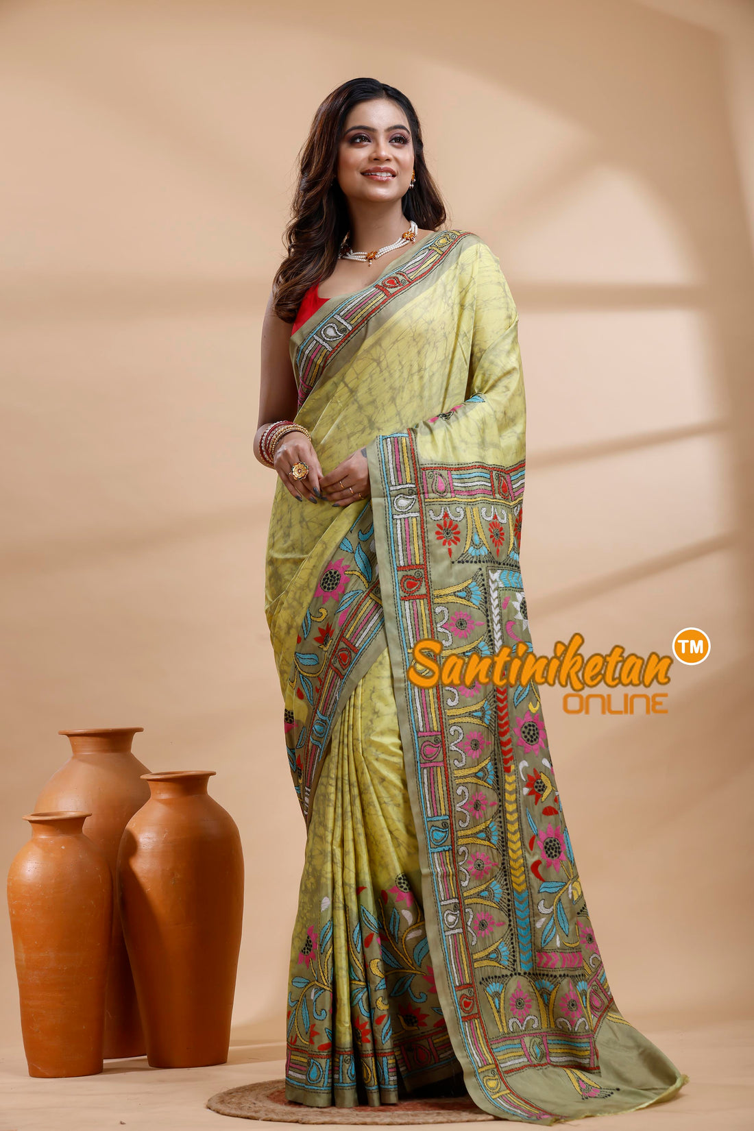 Bangalore Silk Batik Kantha Stitch Saree
