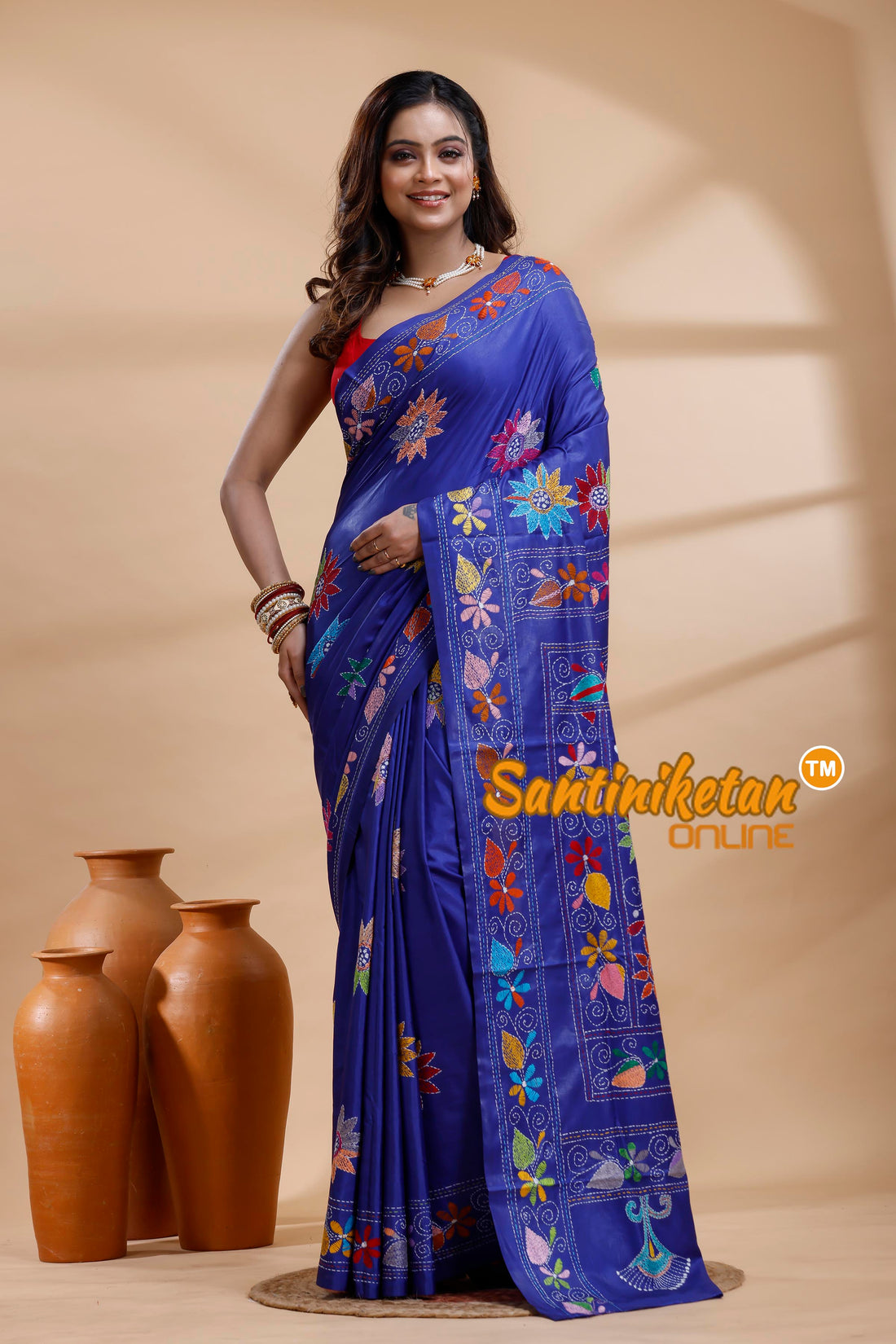 Bangalore Silk Kantha Stitch Saree