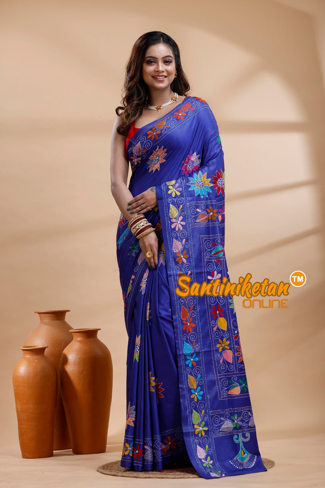 Bangalore Silk Kantha Stitch Saree