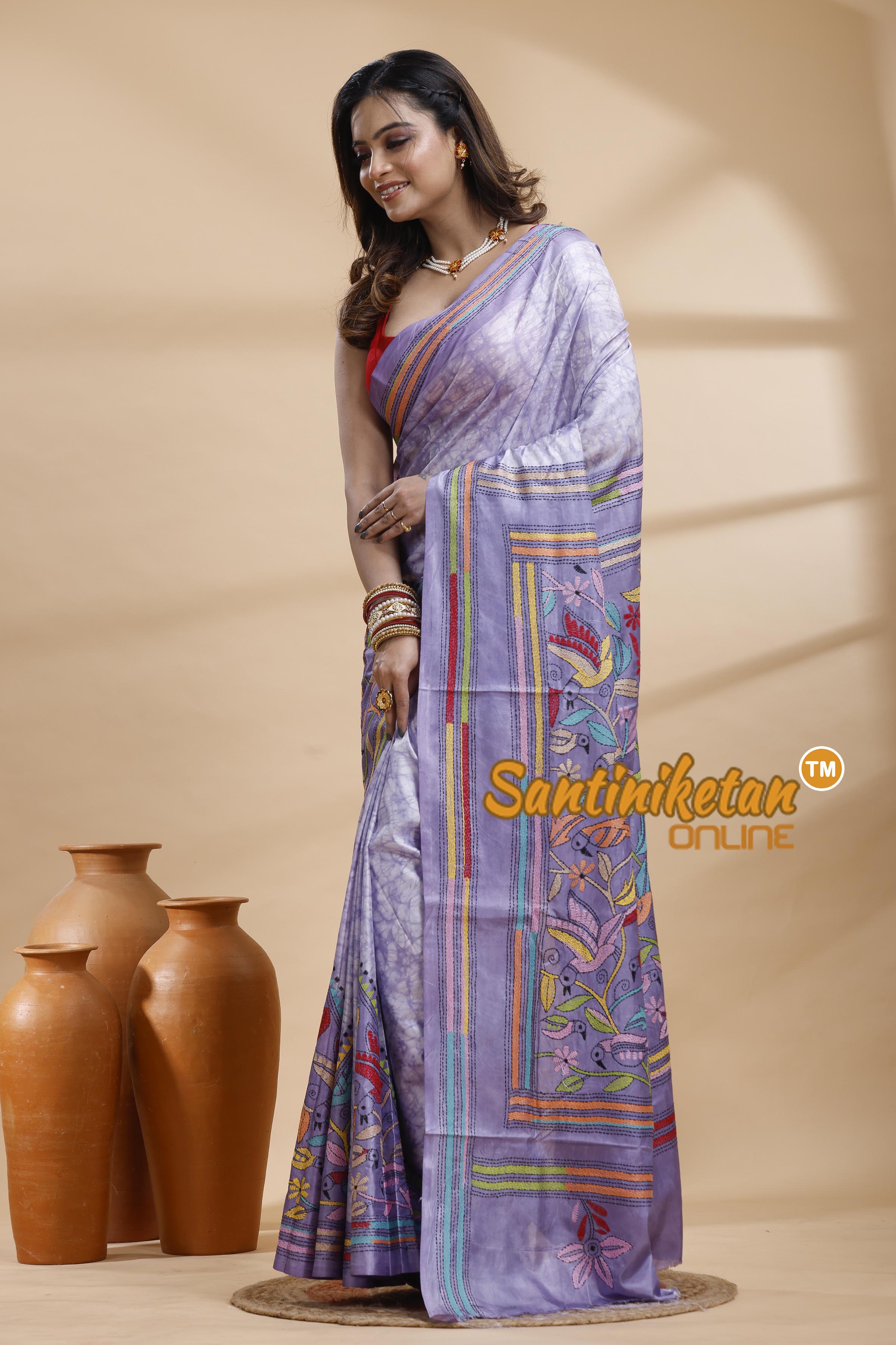 Bangalore Silk Batik Kantha Stitch Saree