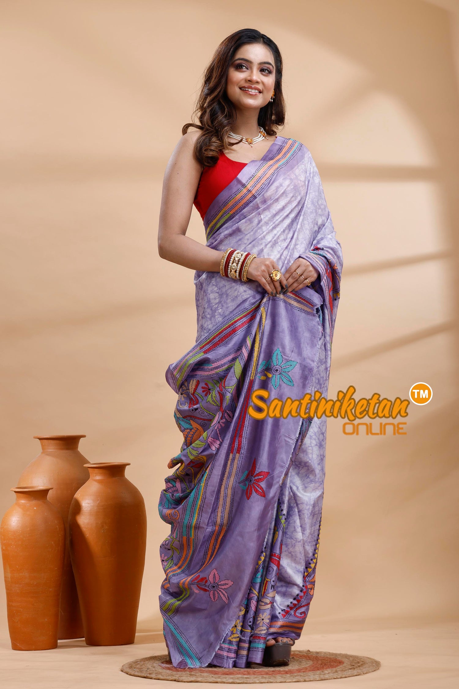 Bangalore Silk Batik Kantha Stitch Saree