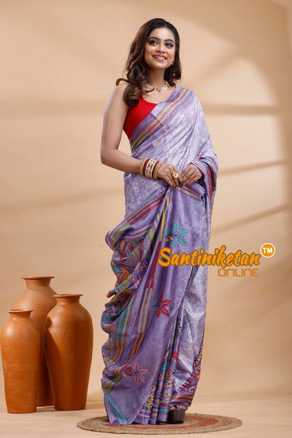 Bangalore Silk Batik Kantha Stitch Saree