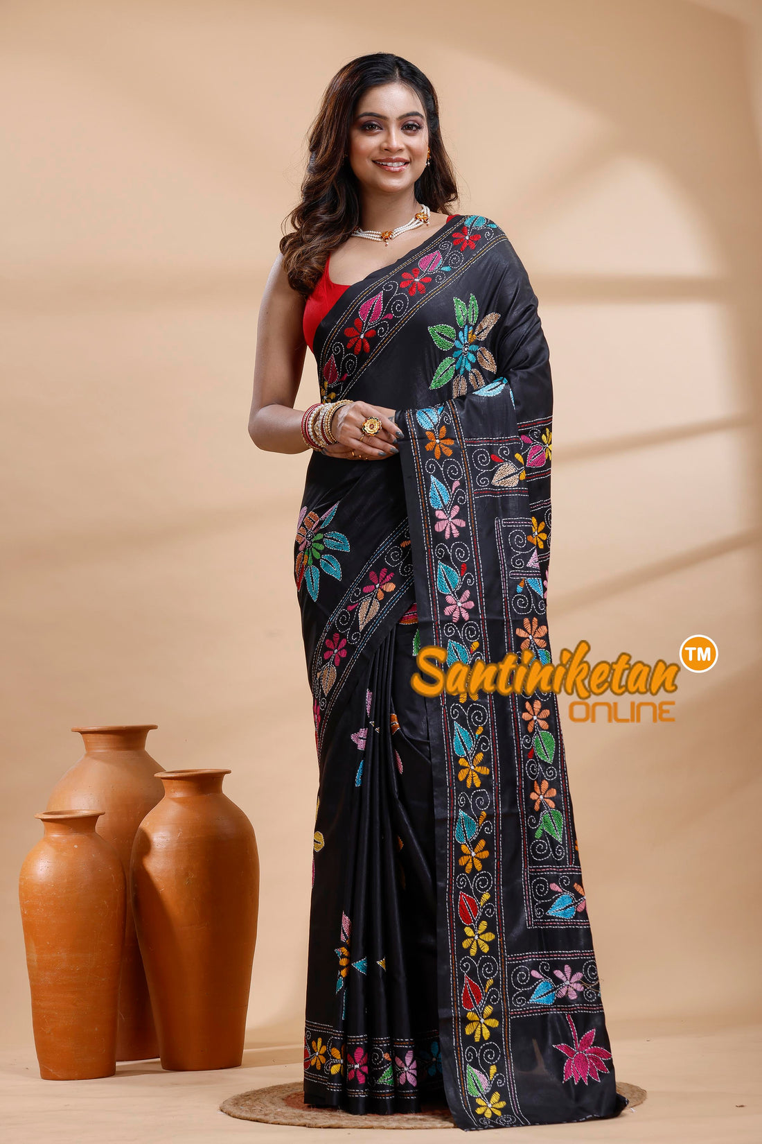 Bangalore Silk Kantha Stitch Saree