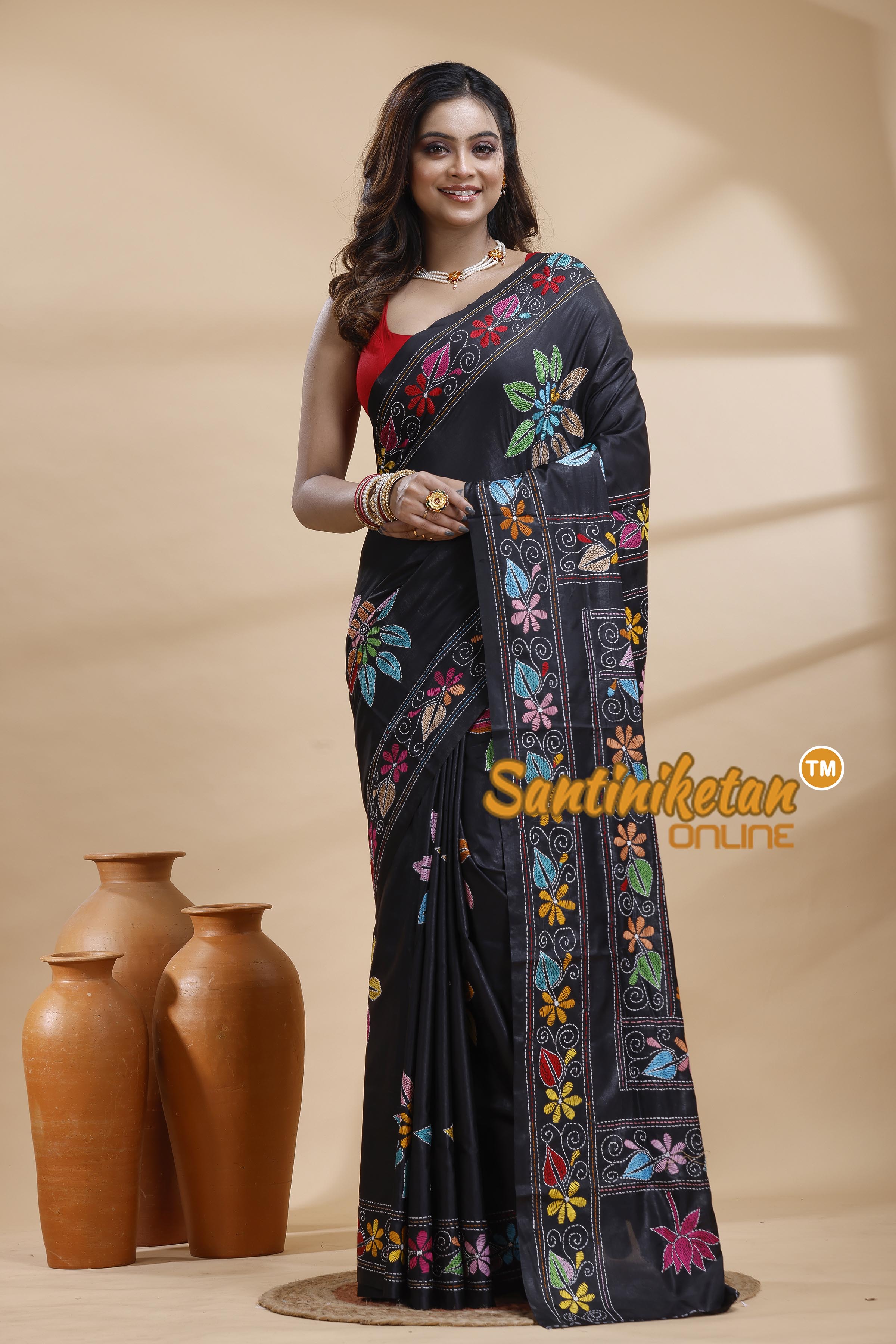 Bangalore Silk Kantha Stitch Saree