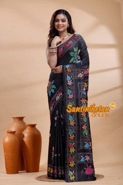 Bangalore Silk Kantha Stitch Saree