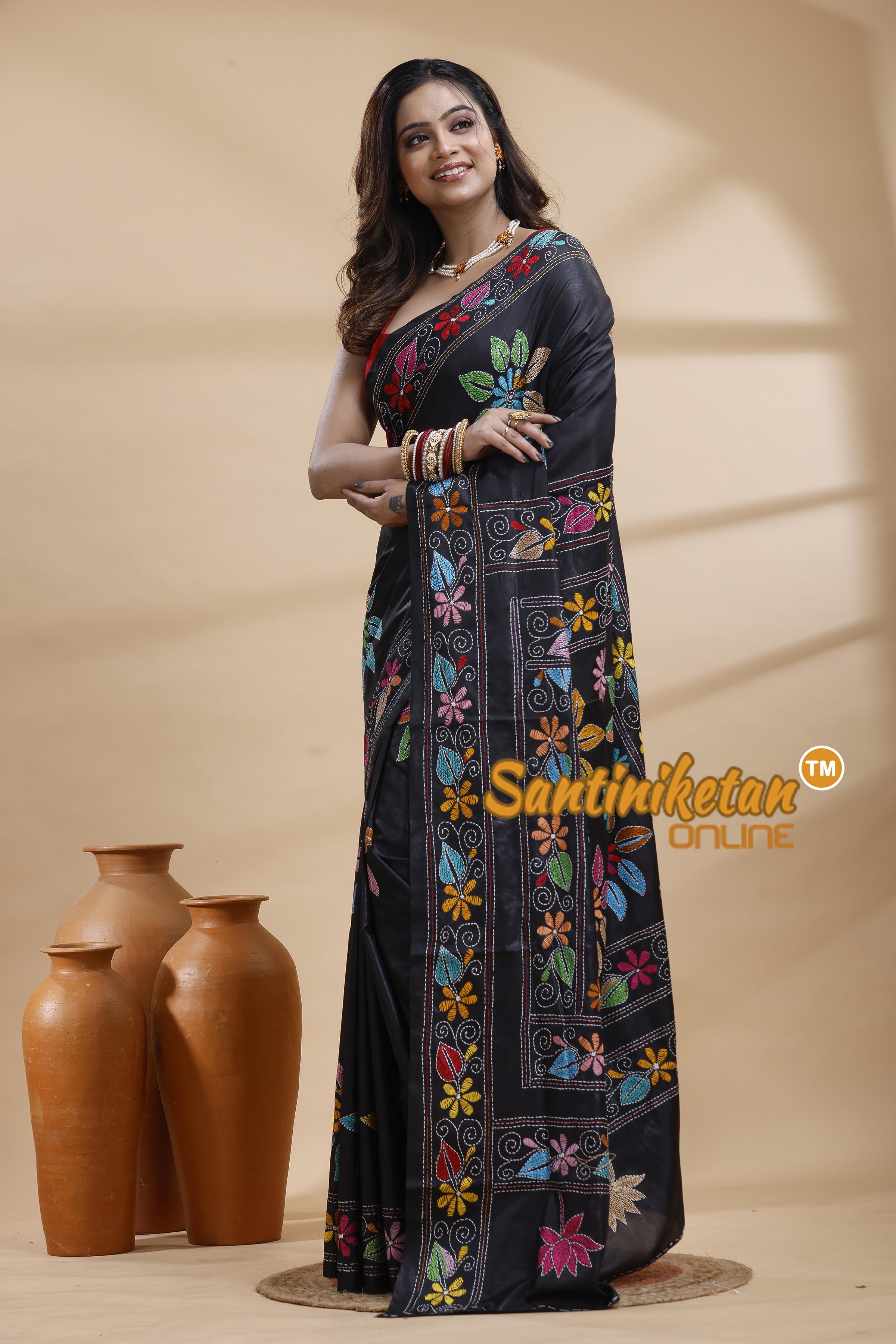 Bangalore Silk Kantha Stitch Saree