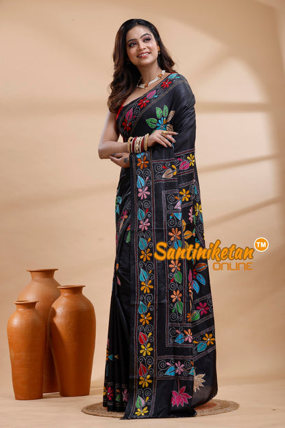 Bangalore Silk Kantha Stitch Saree