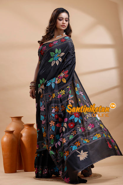 Bangalore Silk Kantha Stitch Saree