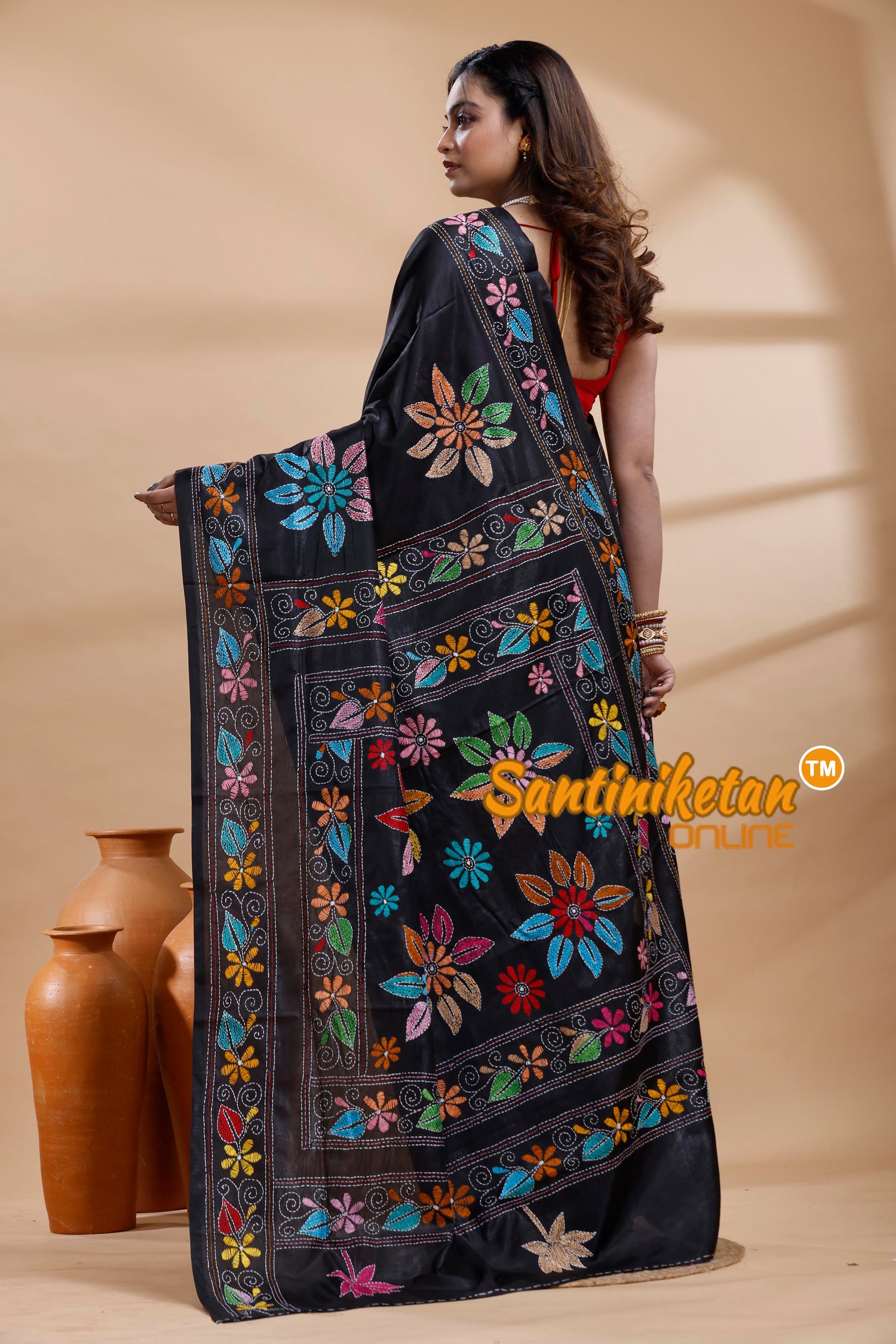 Bangalore Silk Kantha Stitch Saree