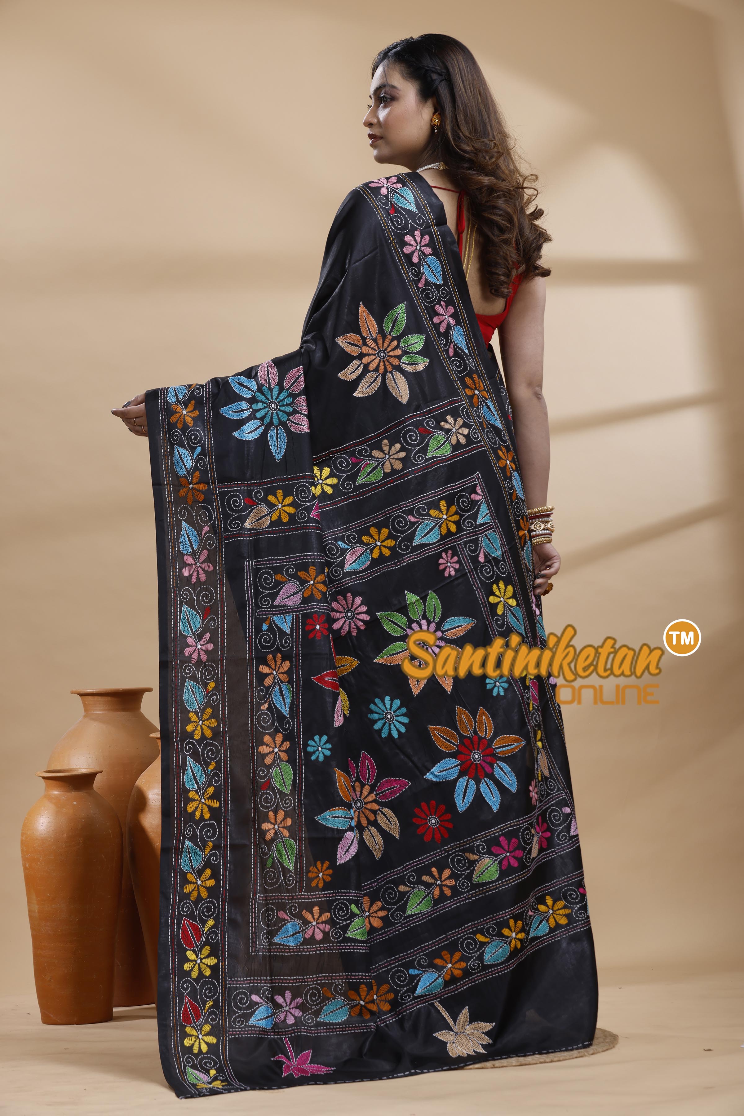 Bangalore Silk Kantha Stitch Saree