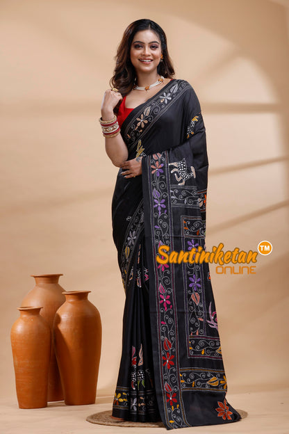 Bangalore Silk Kantha Stitch Saree