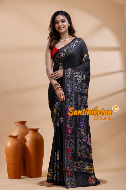 Bangalore Silk Kantha Stitch Saree