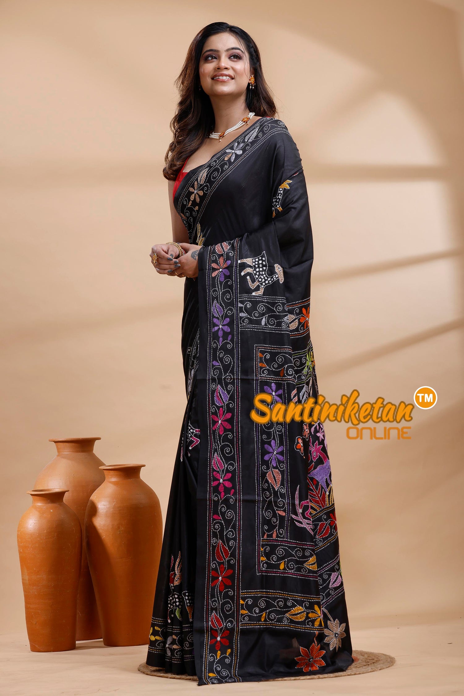 Bangalore Silk Kantha Stitch Saree
