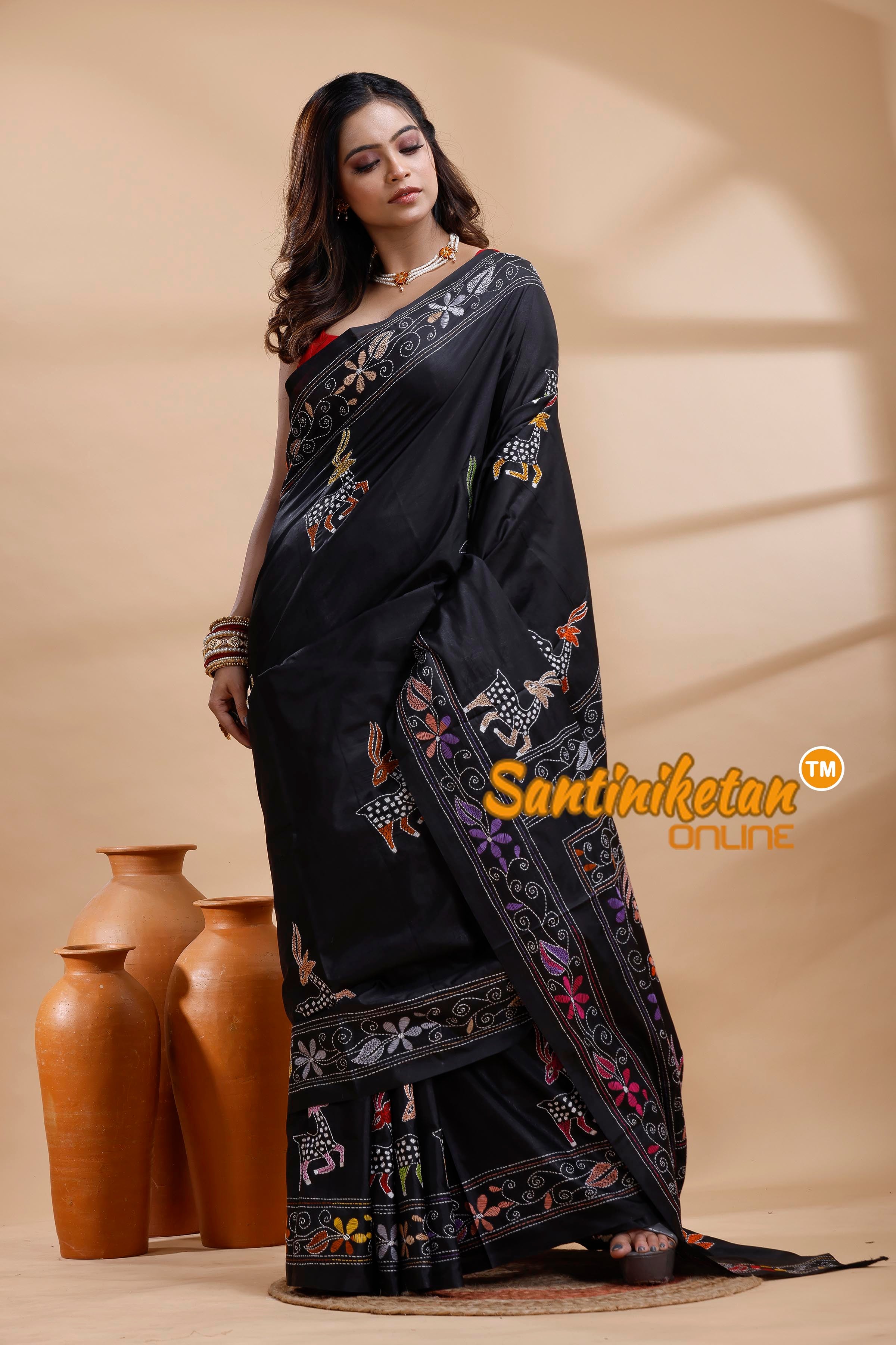 Bangalore Silk Kantha Stitch Saree