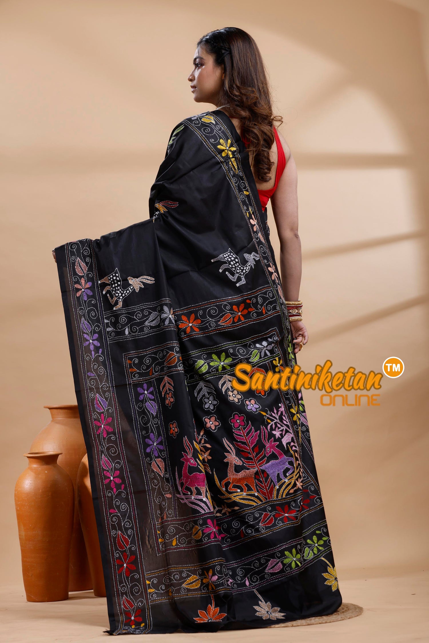 Bangalore Silk Kantha Stitch Saree