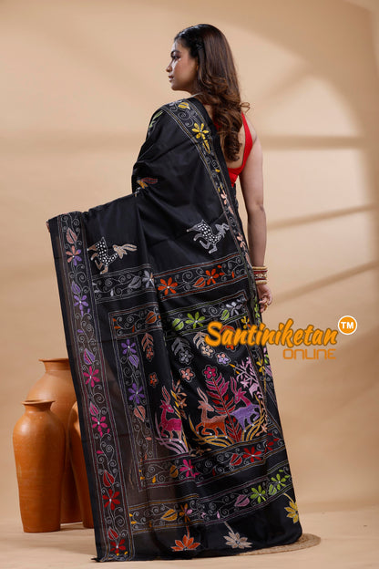 Bangalore Silk Kantha Stitch Saree