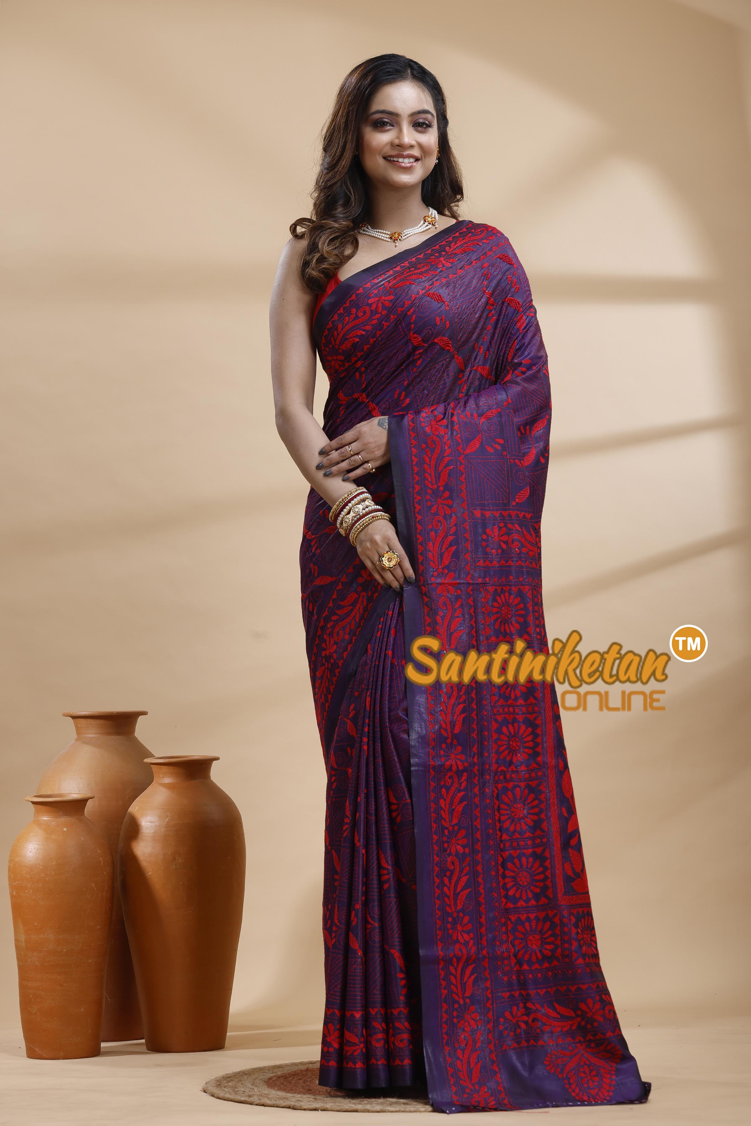 Bangalore Silk Kantha Stitch Saree