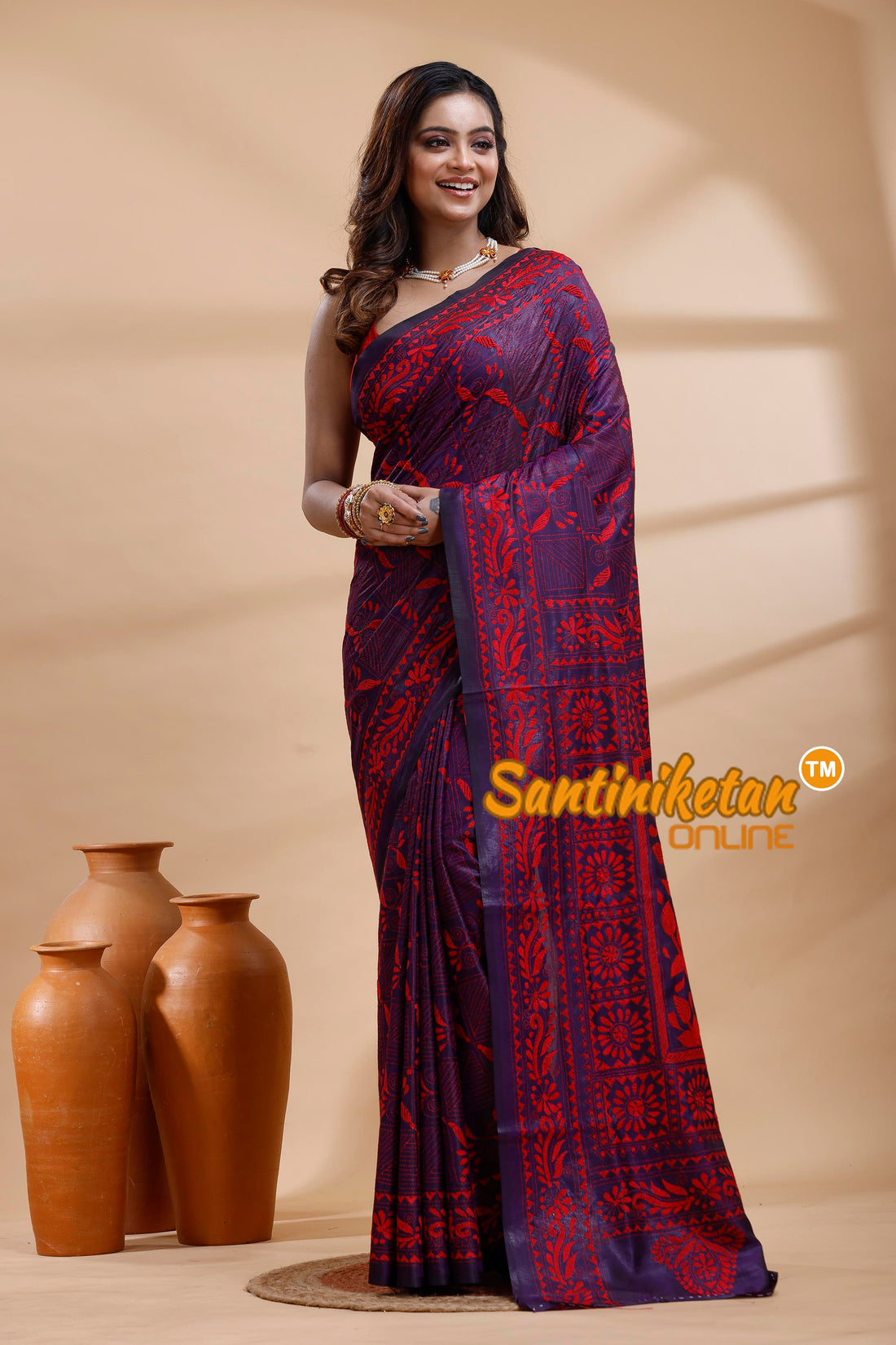 Bangalore Silk Kantha Stitch Saree