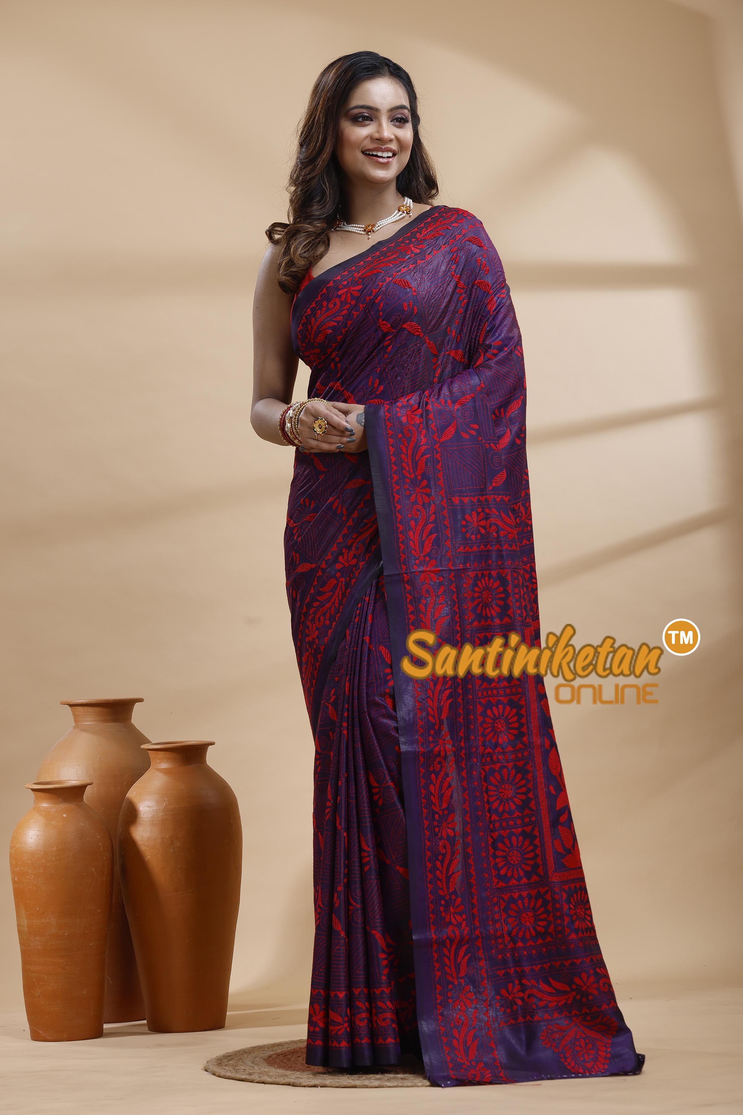 Bangalore Silk Kantha Stitch Saree