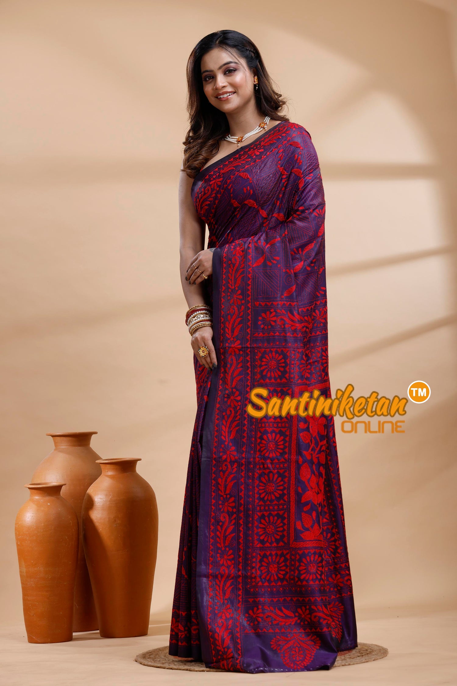 Bangalore Silk Kantha Stitch Saree