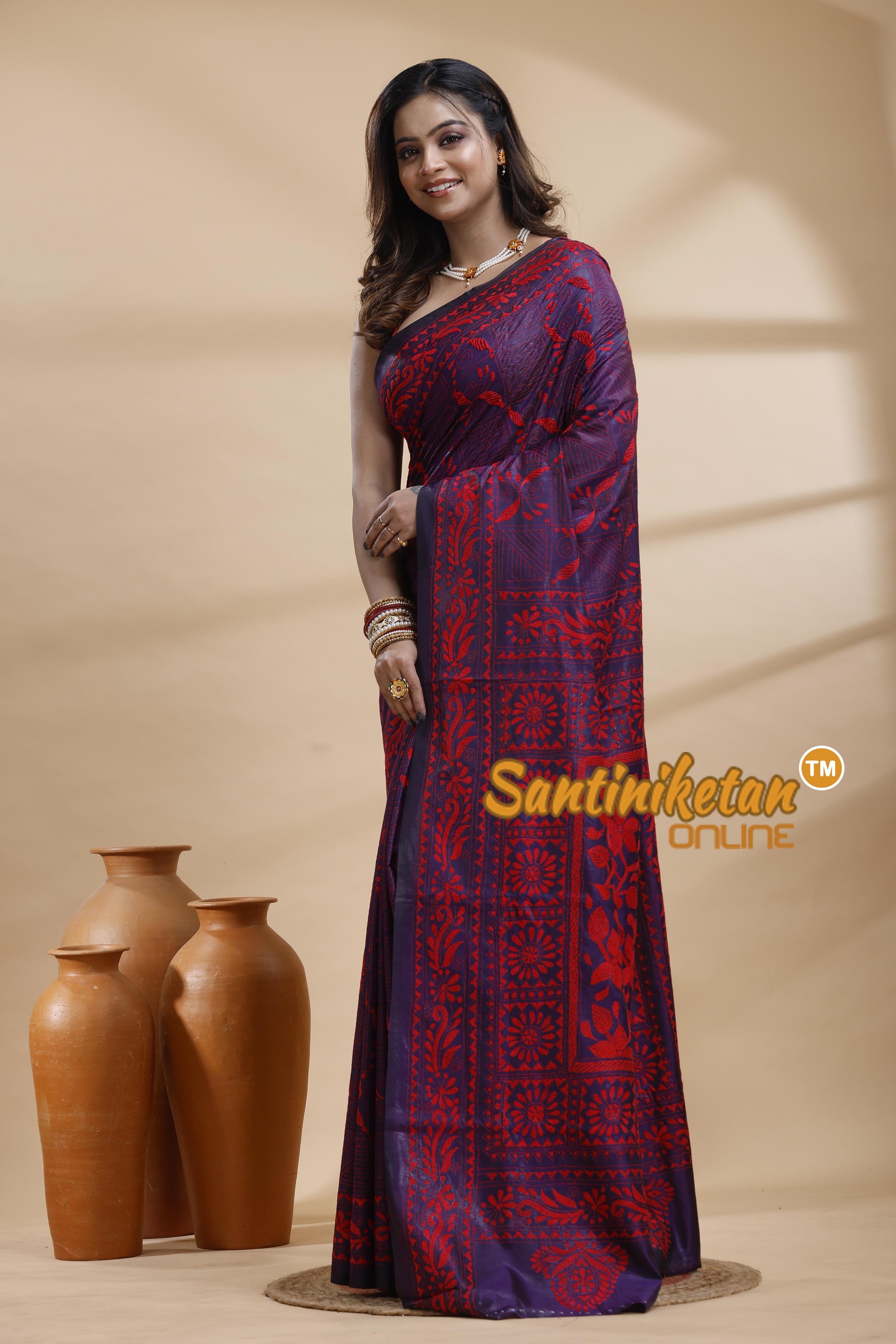 Bangalore Silk Kantha Stitch Saree