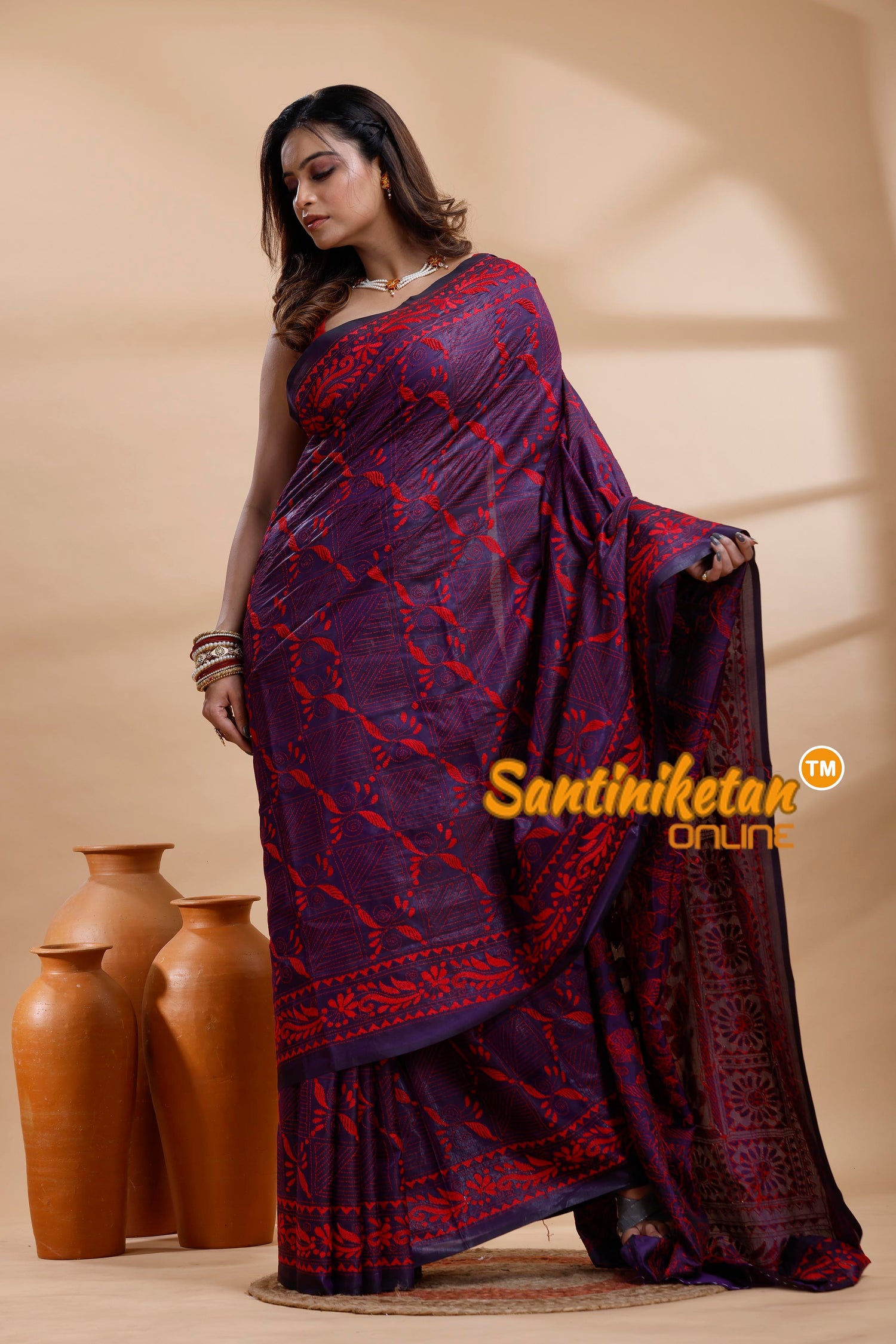 Bangalore Silk Kantha Stitch Saree